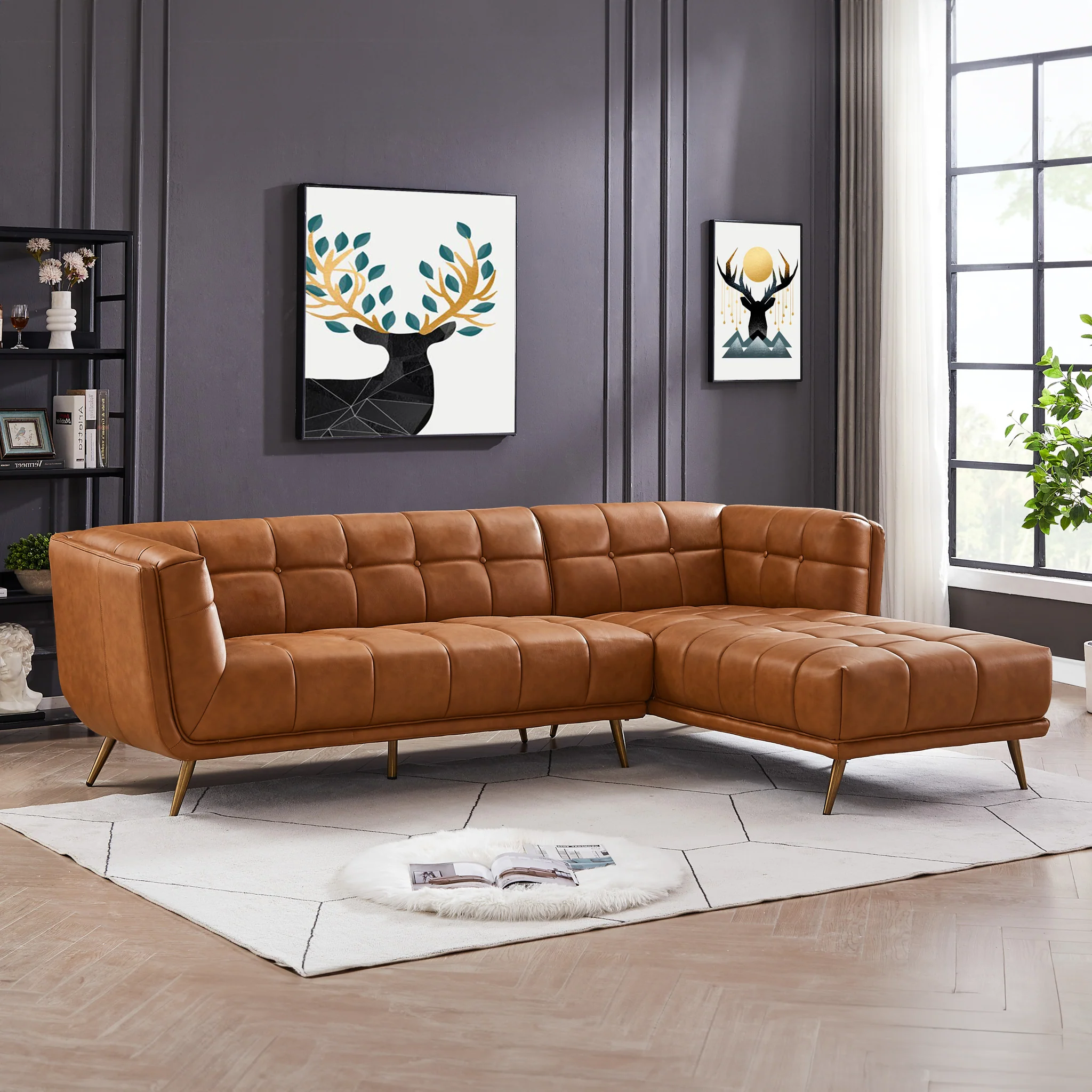 Addison Right Sectional Cognac Leather Sofa - Image 3
