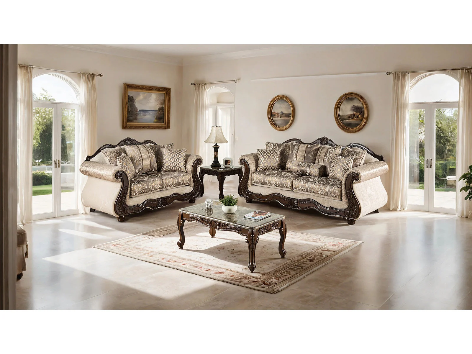 Andalusia Light Brown / Dark Cherry Upholstery Living Room Set