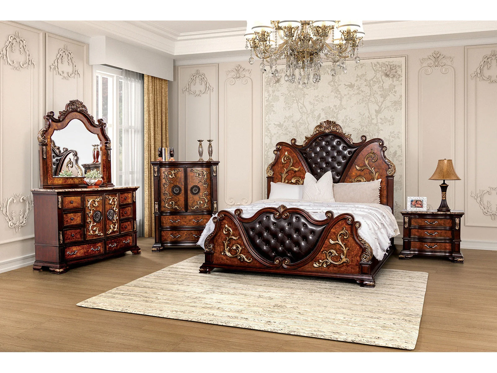 Aquilina Cherry/Oak 5 Pc. Queen Bedroom Set w/ Chest