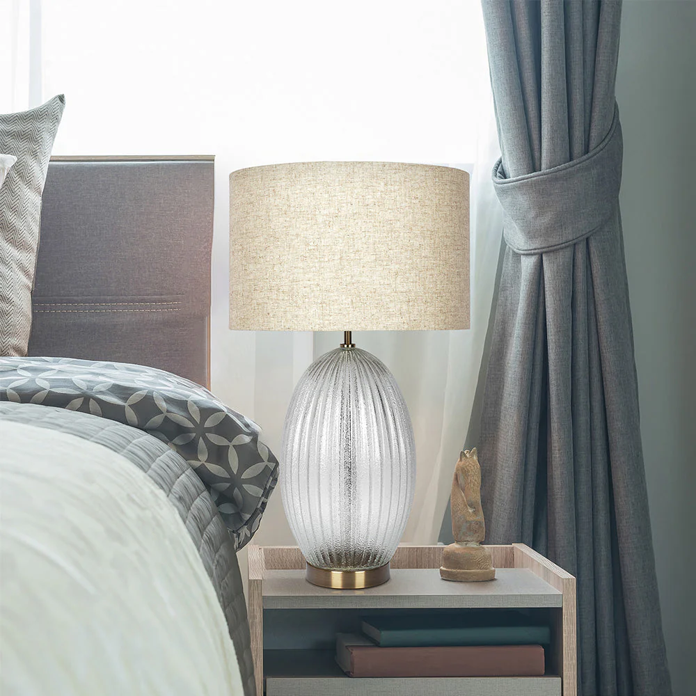 Aurora Ribbed Glass Lamp Base Clear Table Lamp Large Linen Shade - Image 4