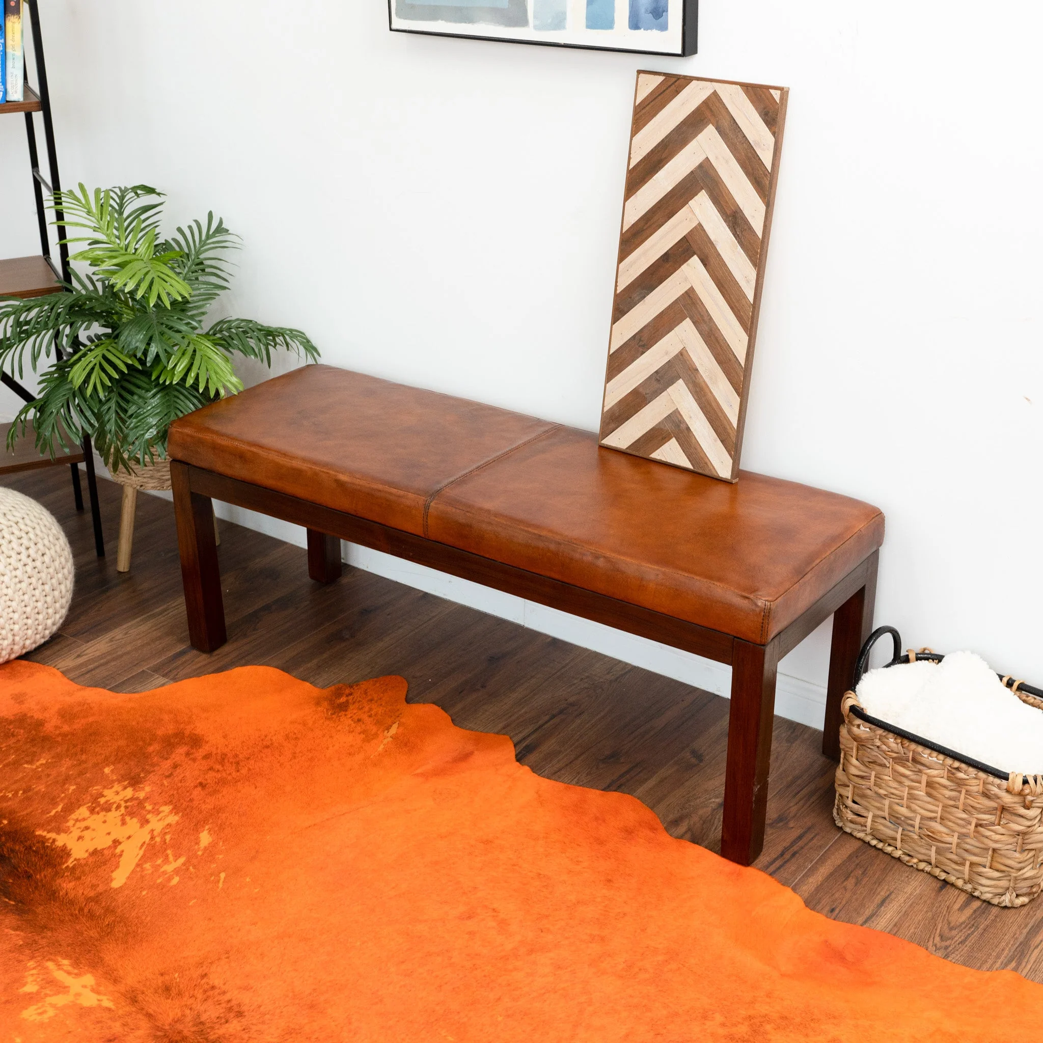 Austin Antique Tan Leather Bench with Lines - Image 4