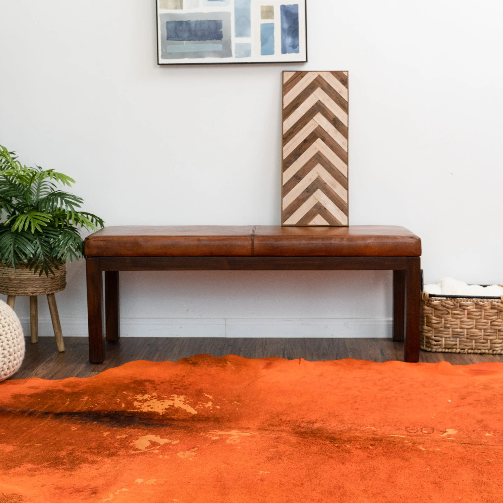 Austin Antique Tan Leather Bench with Lines - Image 6