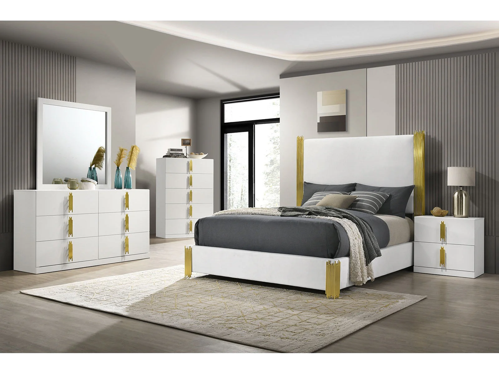 Basildon White/Gold Queen 5 Piece Bedroom Set w/2 Nightstands
