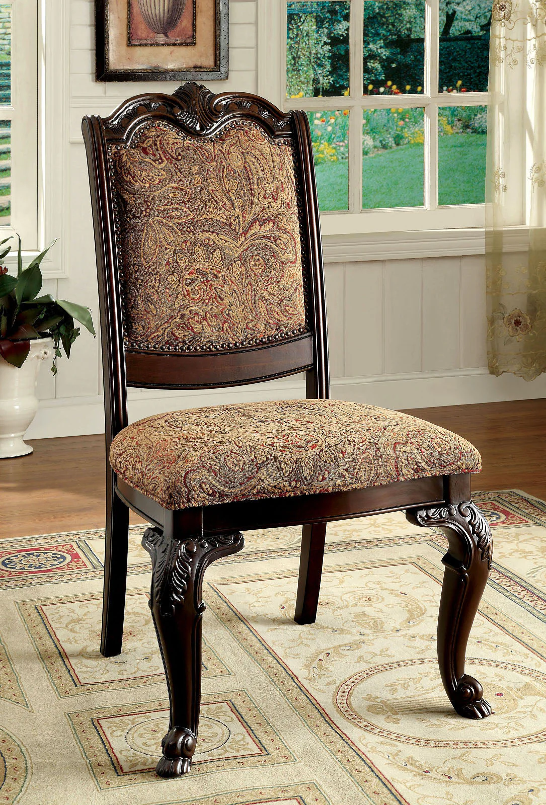 Bellagio Brown Cherry Fabric Round Dining Room Set / 7-piece - Image 4
