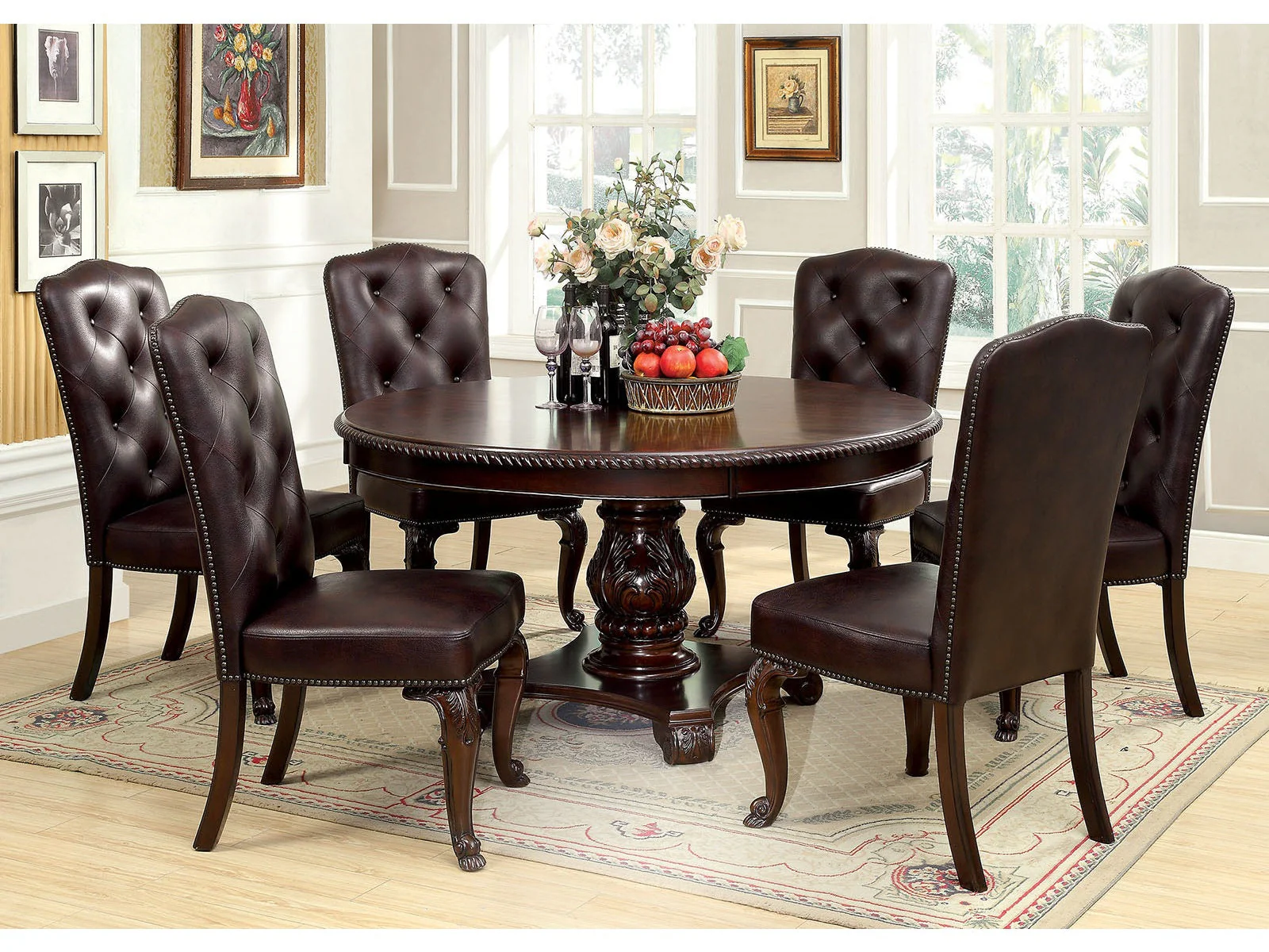Bellagio Brown Cherry Round Table & 4 Leatherette Chairs / 5-piece