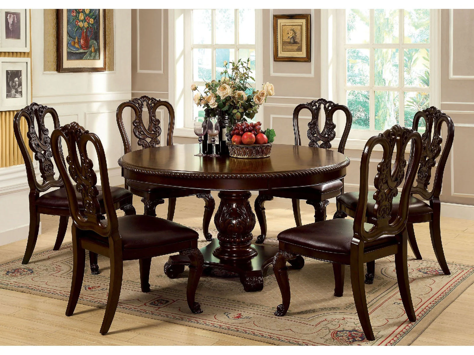 Bellagio Brown Cherry Wooden/Leatherette Round Dining Room Set / 7-piece