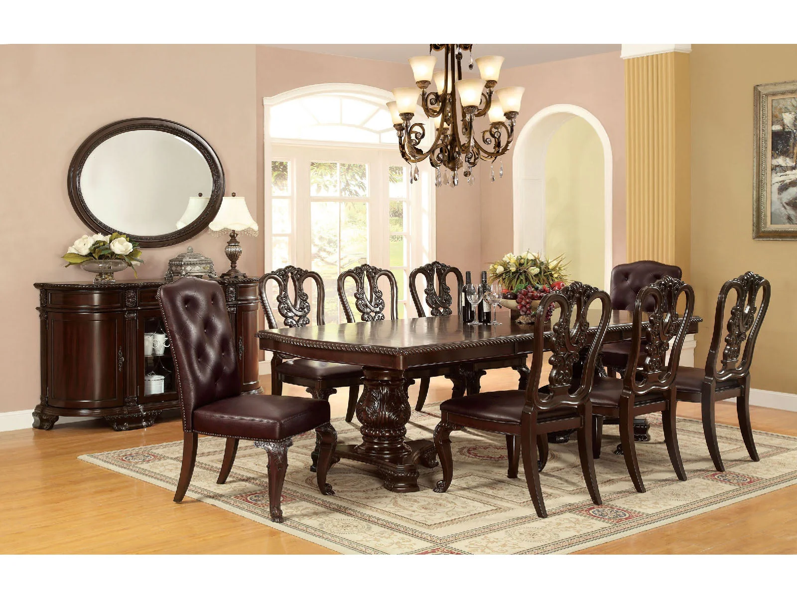 Bellagio Brown Cherry Wooden/Leatherette Uph. Dining Room Set / 7-piece