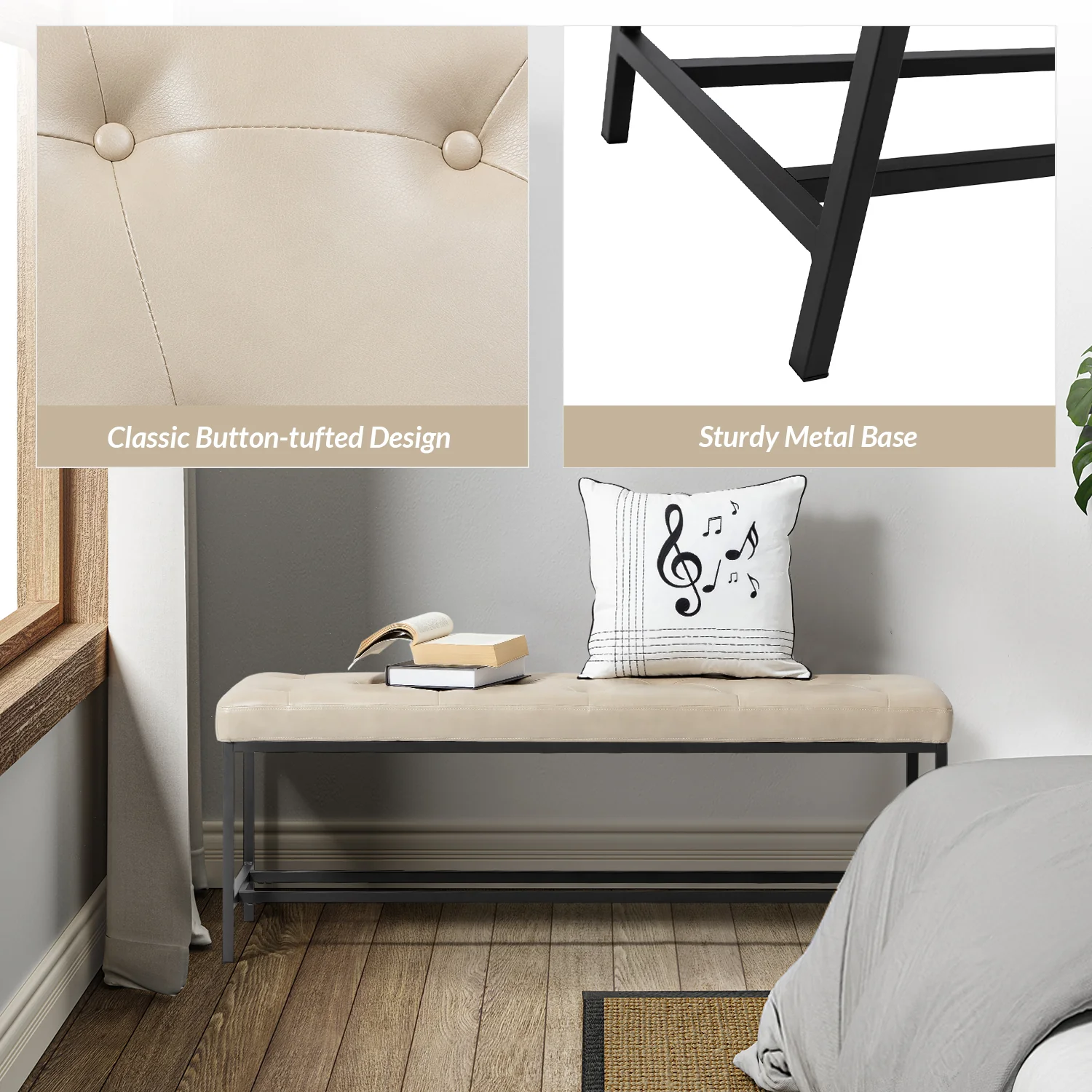 Jakob Upholstered Bench in Beige - Image 4