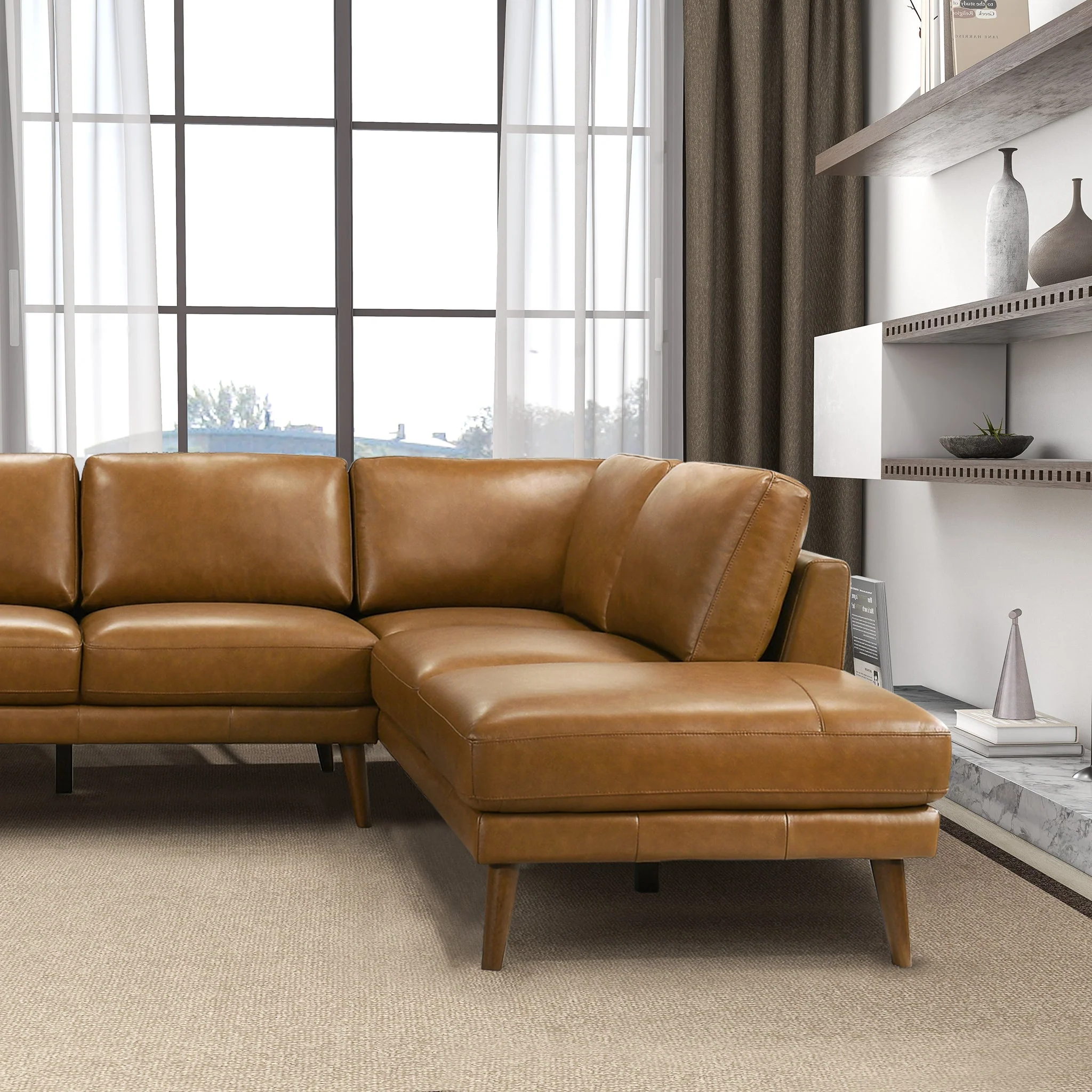 Benson Tan Leather Sectional Sofa Right Facing Chaise - Image 5