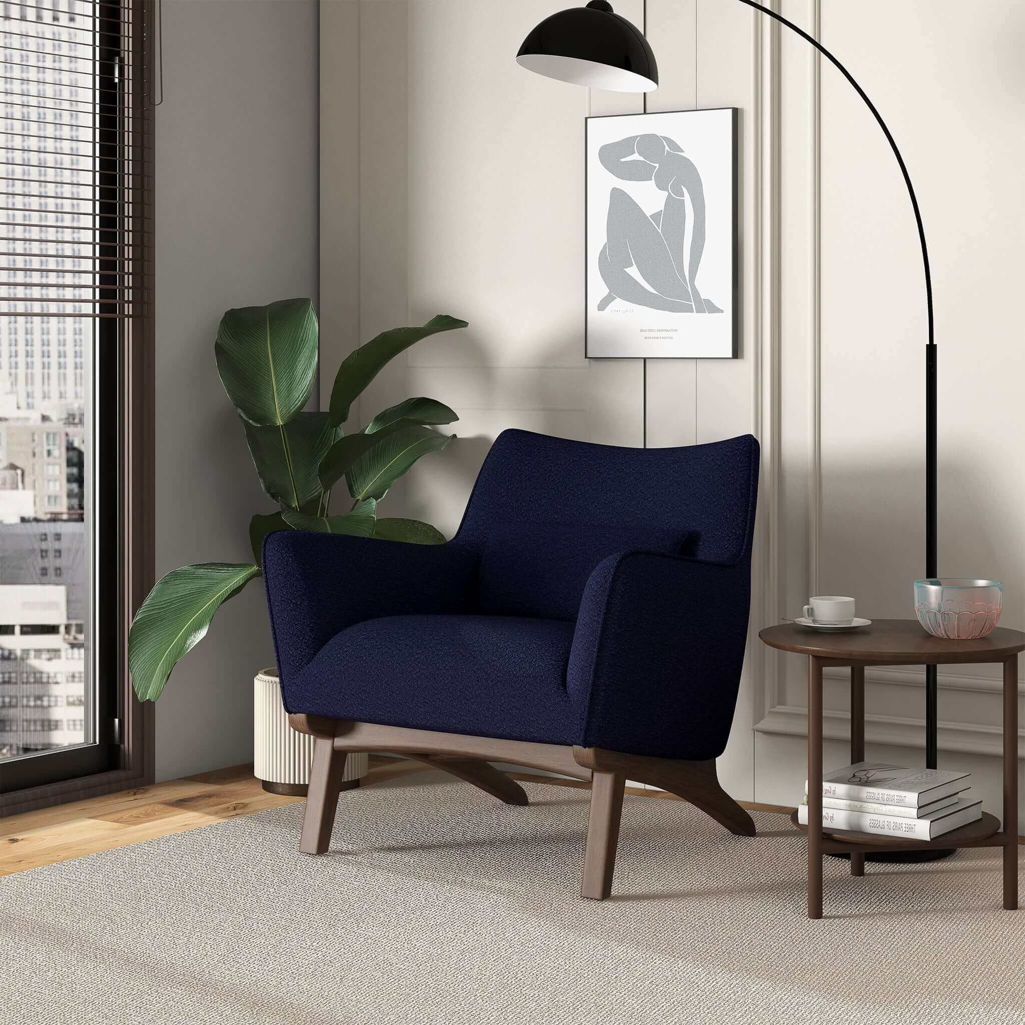 Brayden Mid Century Modern Dark Blue Boucle Armchair - Image 2
