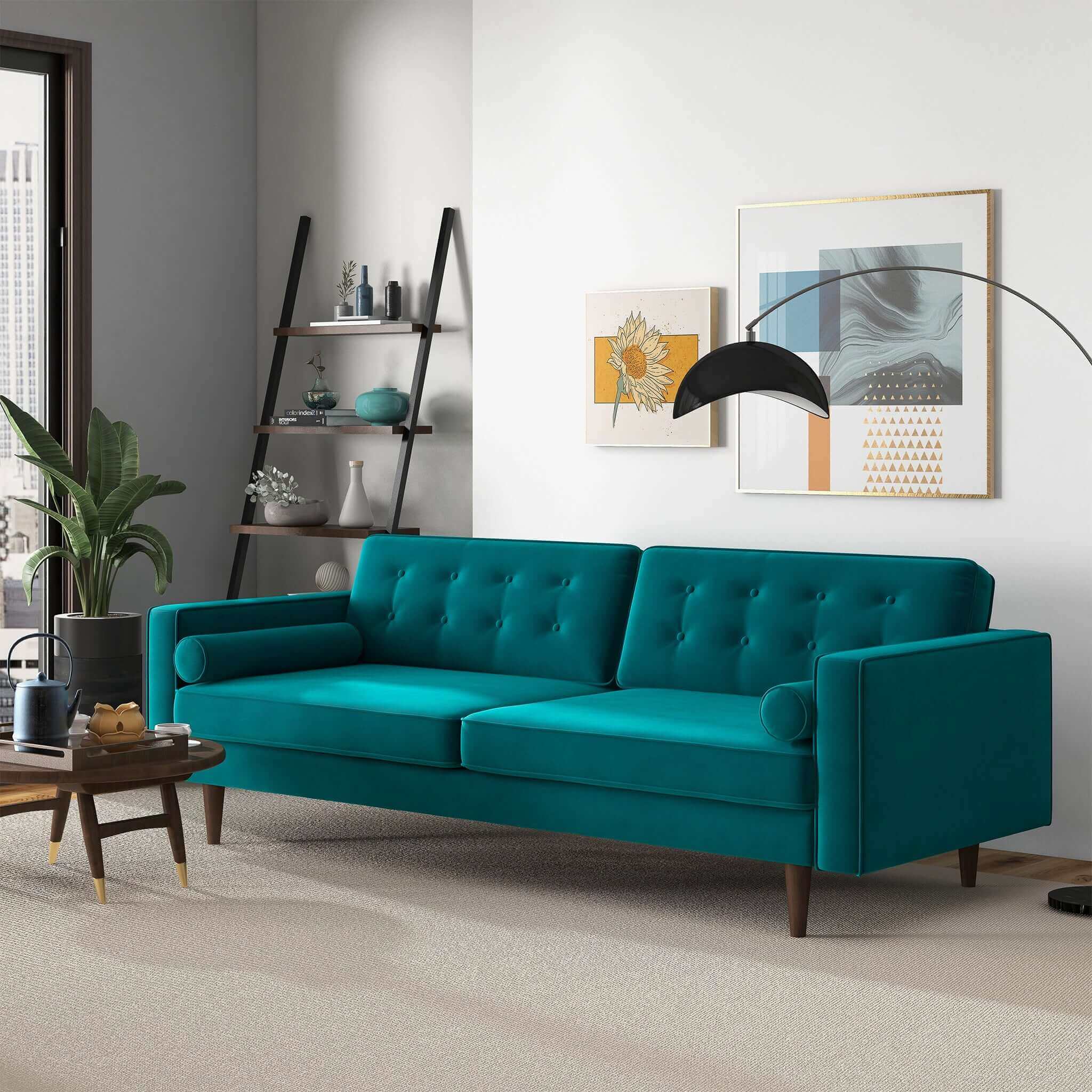 Casey Mid Century Modern Teal Velvet Sofa - Image 2