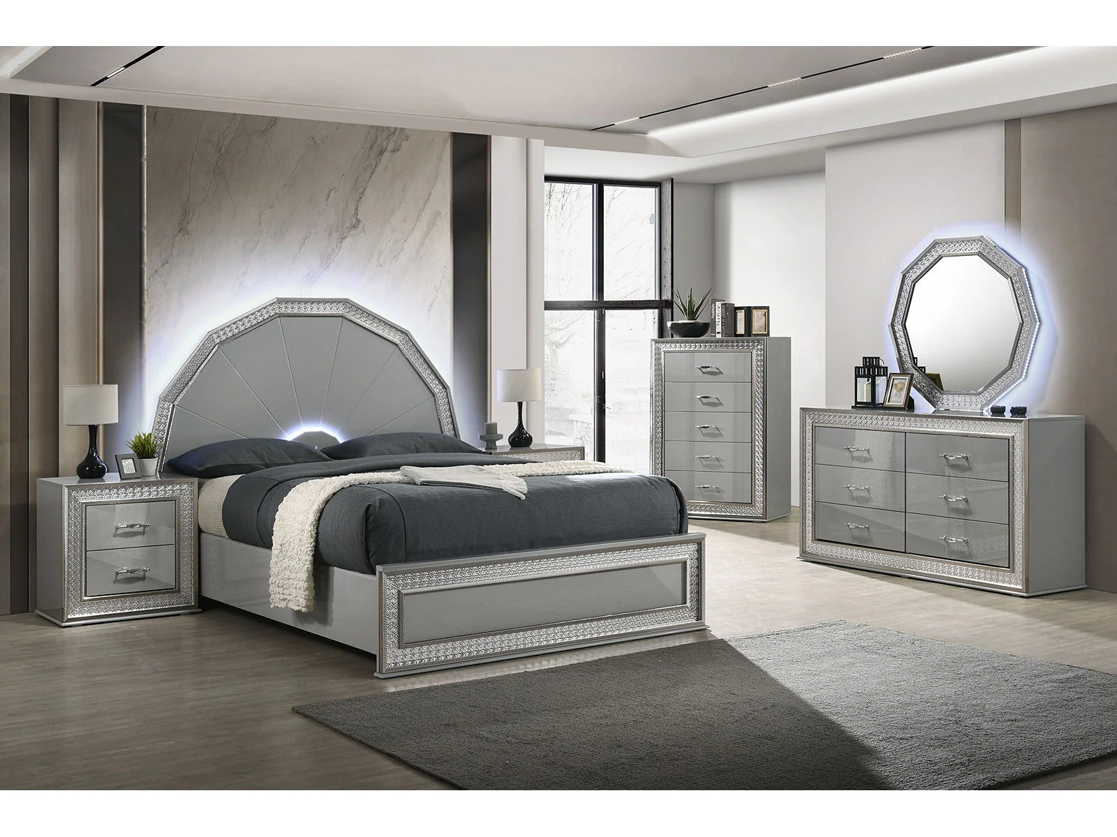 Cassiopeia Metallic Gray Queen 5 Piece Bedroom Set w/Chest