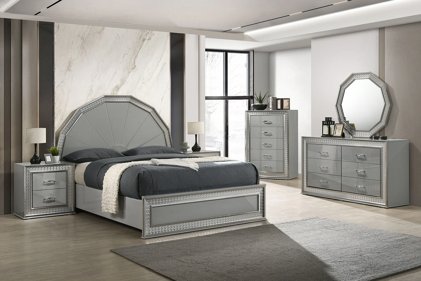 Cassiopeia Metallic Gray Queen 5 Piece Bedroom Set w/Chest - Image 7