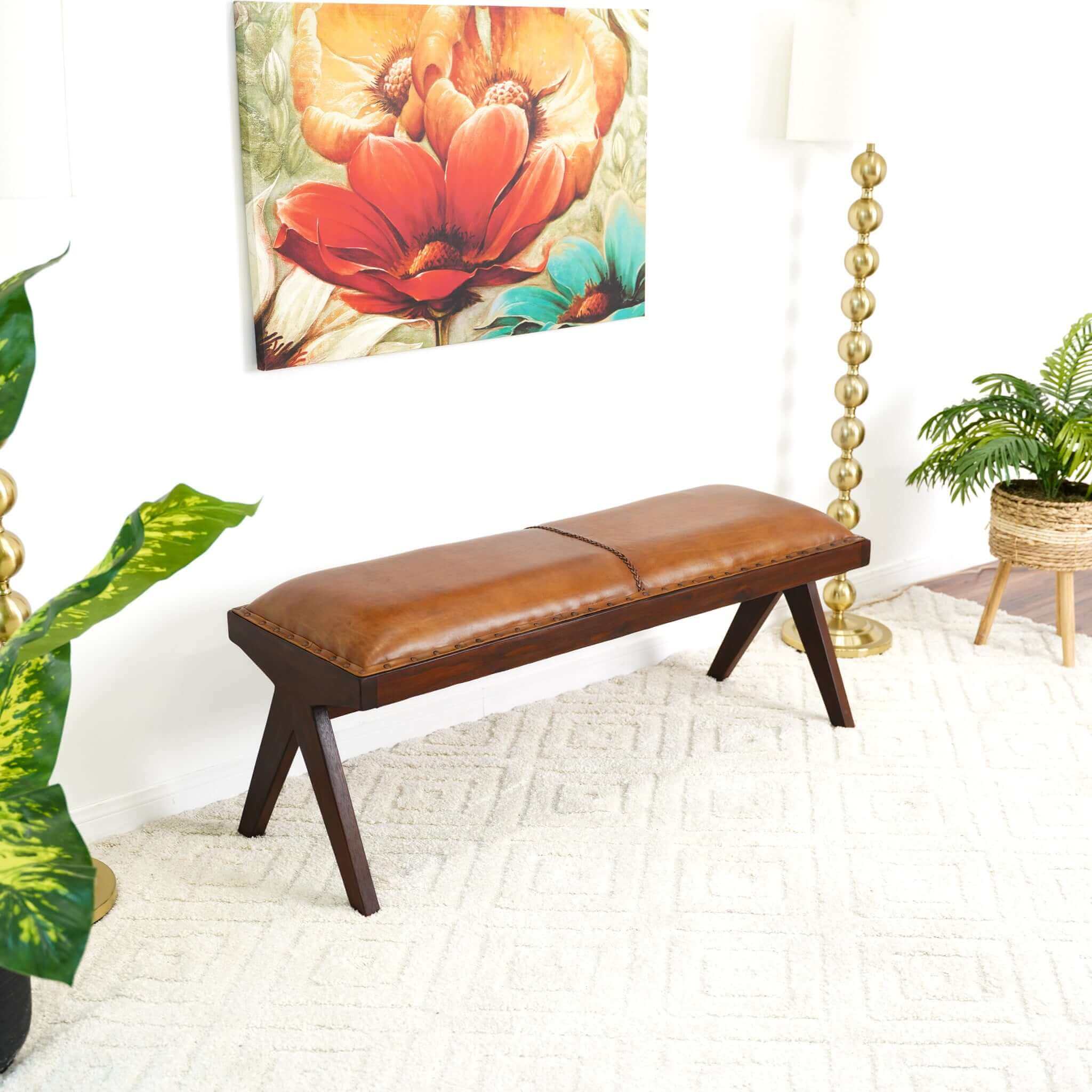 Chad Mid Century Modern Tan Leather Bench - Image 5