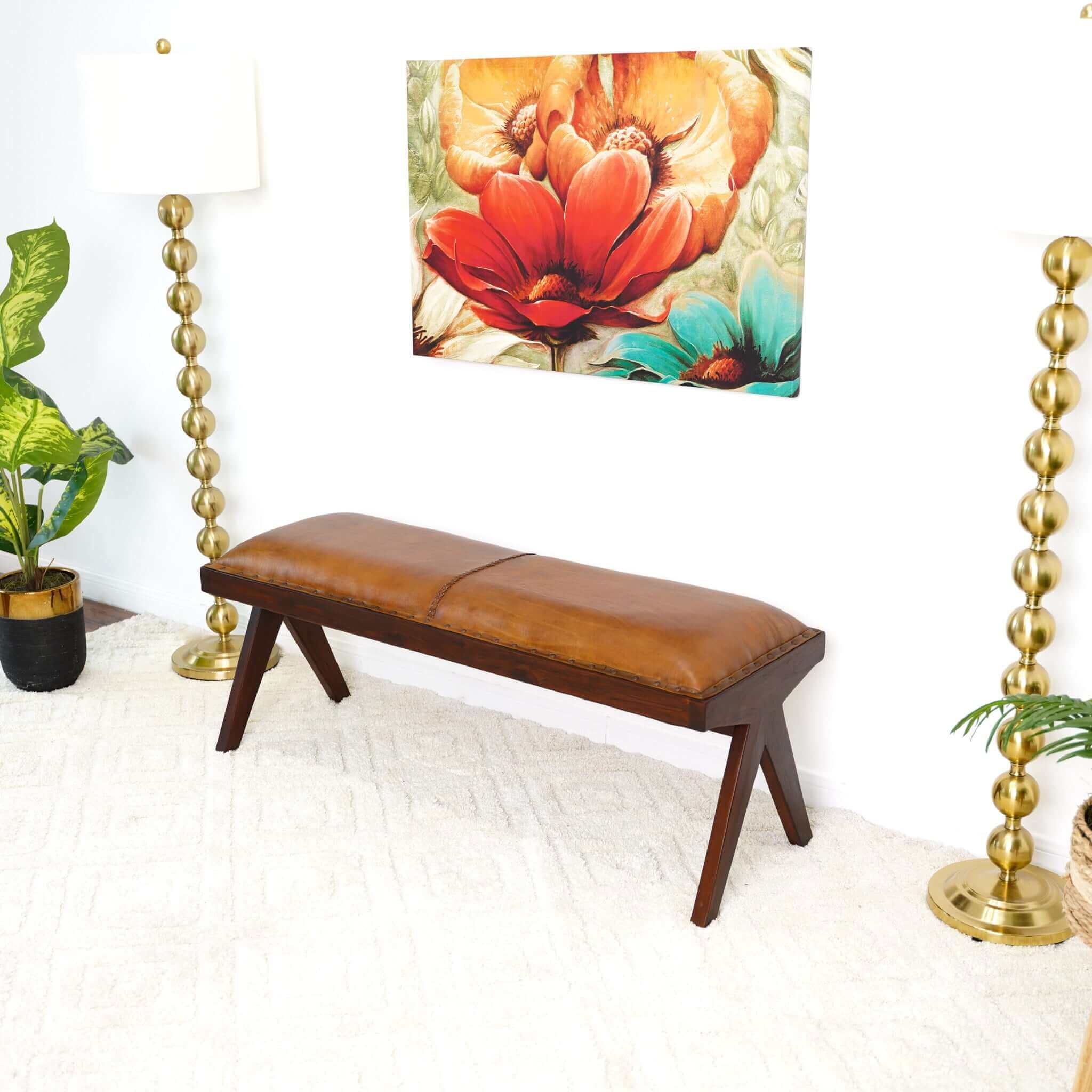 Chad Mid Century Modern Tan Leather Bench - Image 6