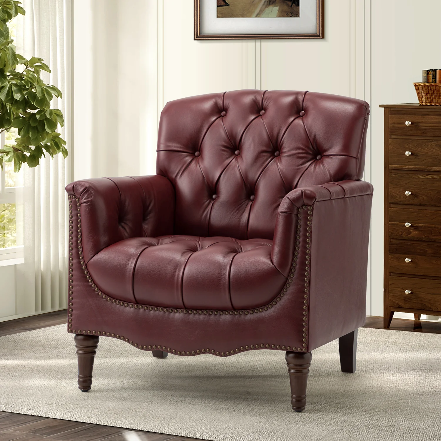Elijah Genuine Leather Armchair in Burgundy