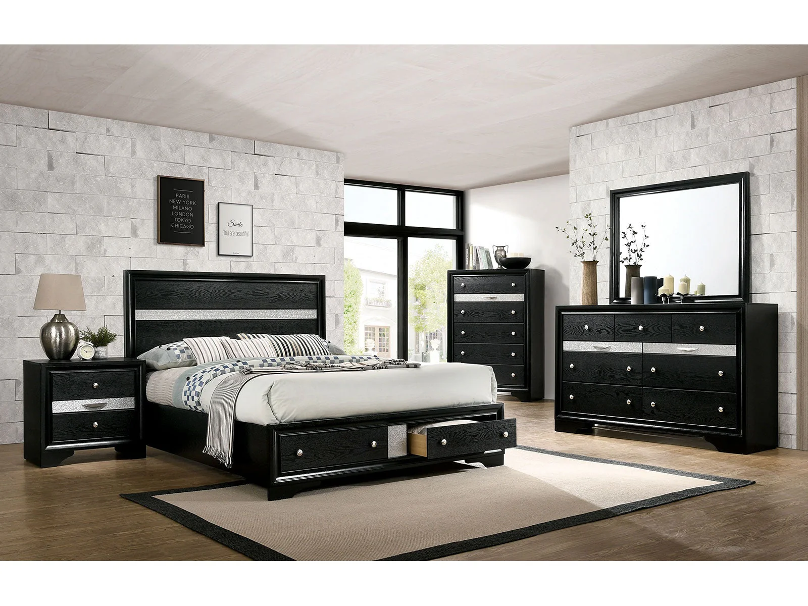 Chrissy Black 5 Pc. Queen Bedroom Set w/ Nightstand