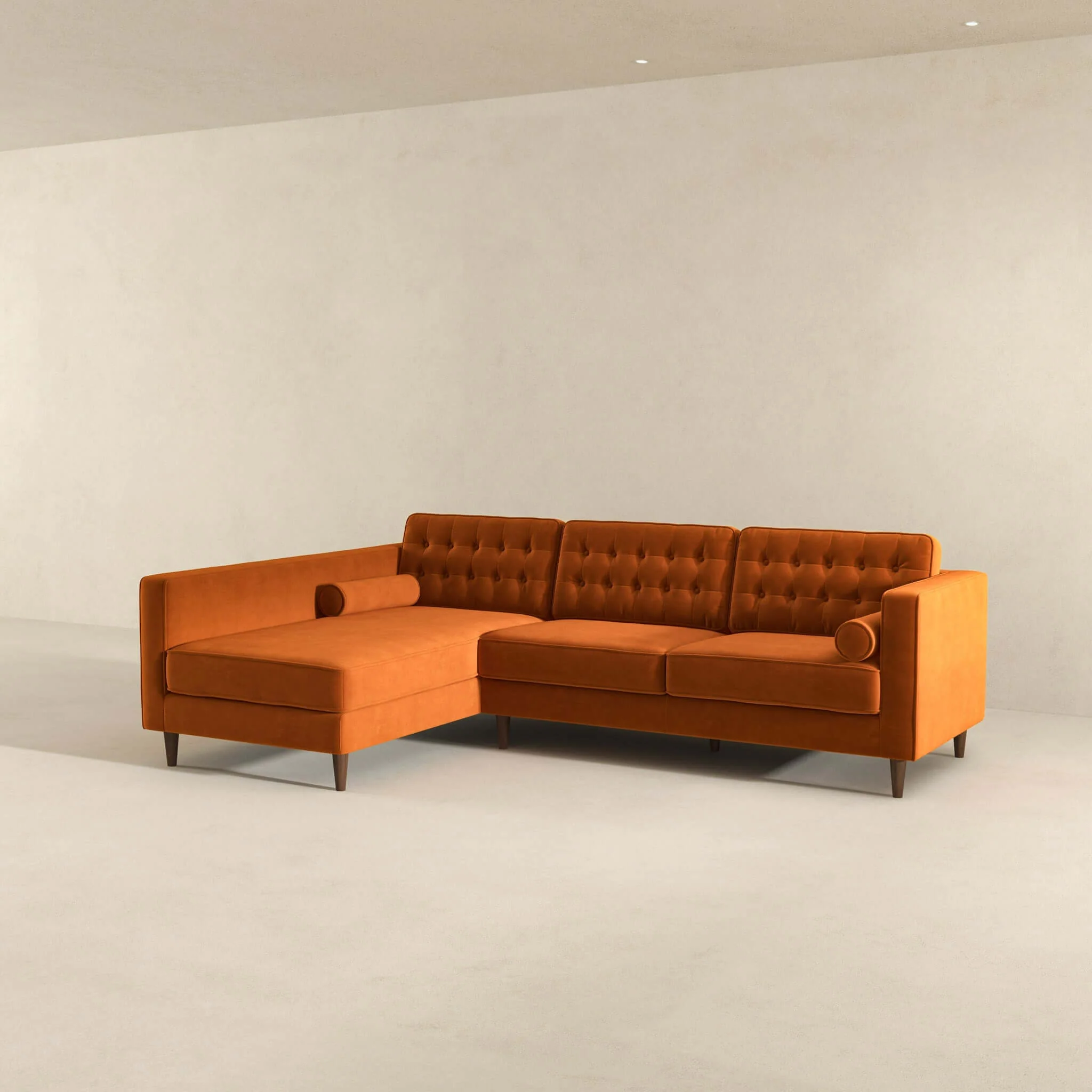 Christian Burnt Orange Velvet Sectional Sofa Left Facing - Image 4