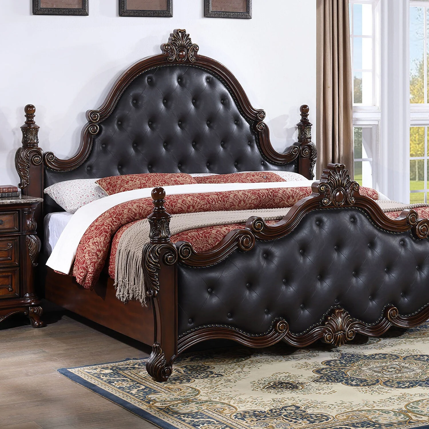 Cremona Dark Cherry 5 Pc. Queen Leatherette Bedroom Set w/ Chest - Image 2