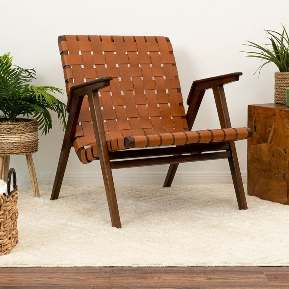David Genuine Leather Teak Lounge Chair - Image 2