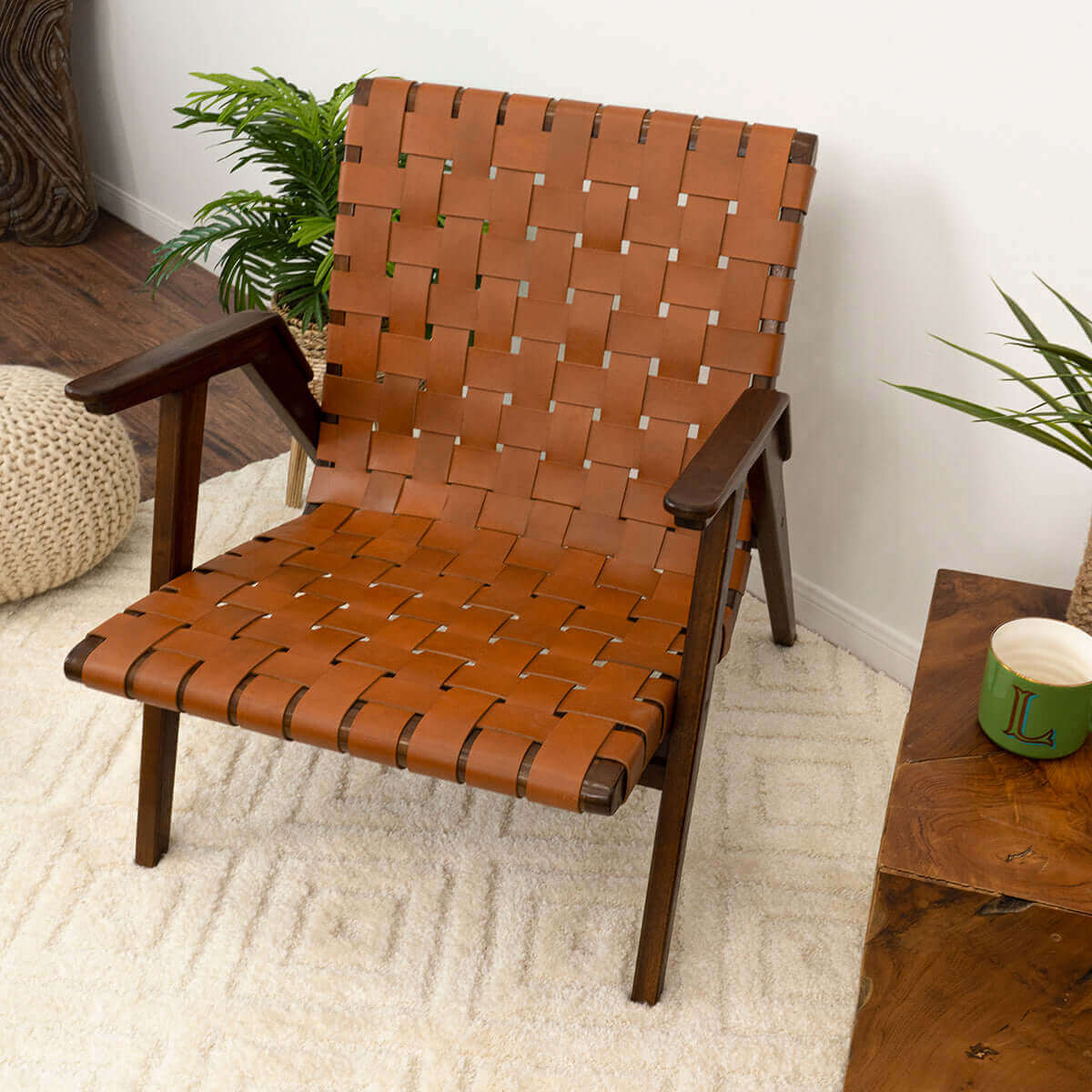 David Genuine Leather Teak Lounge Chair - Image 7