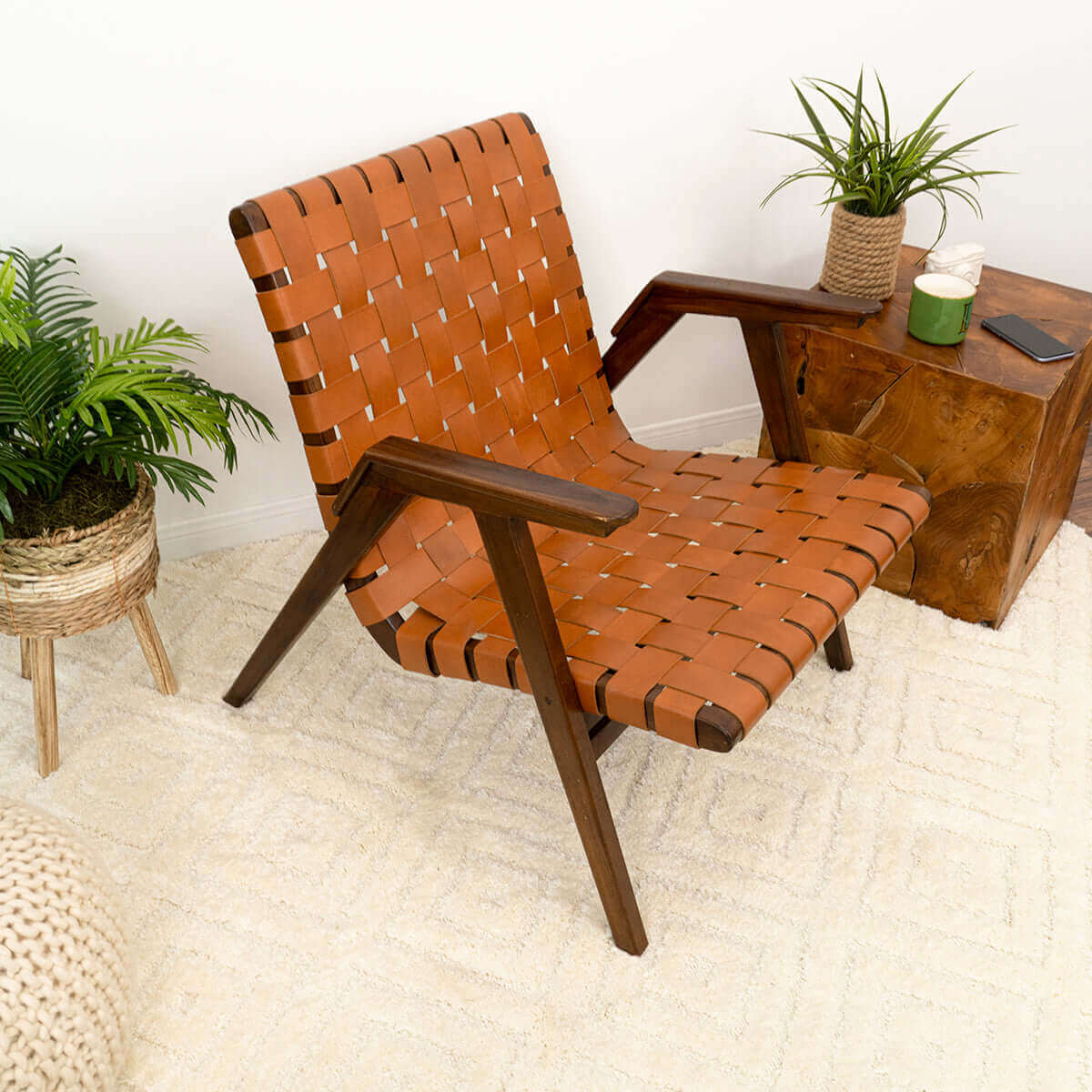 David Genuine Leather Teak Lounge Chair - Image 8