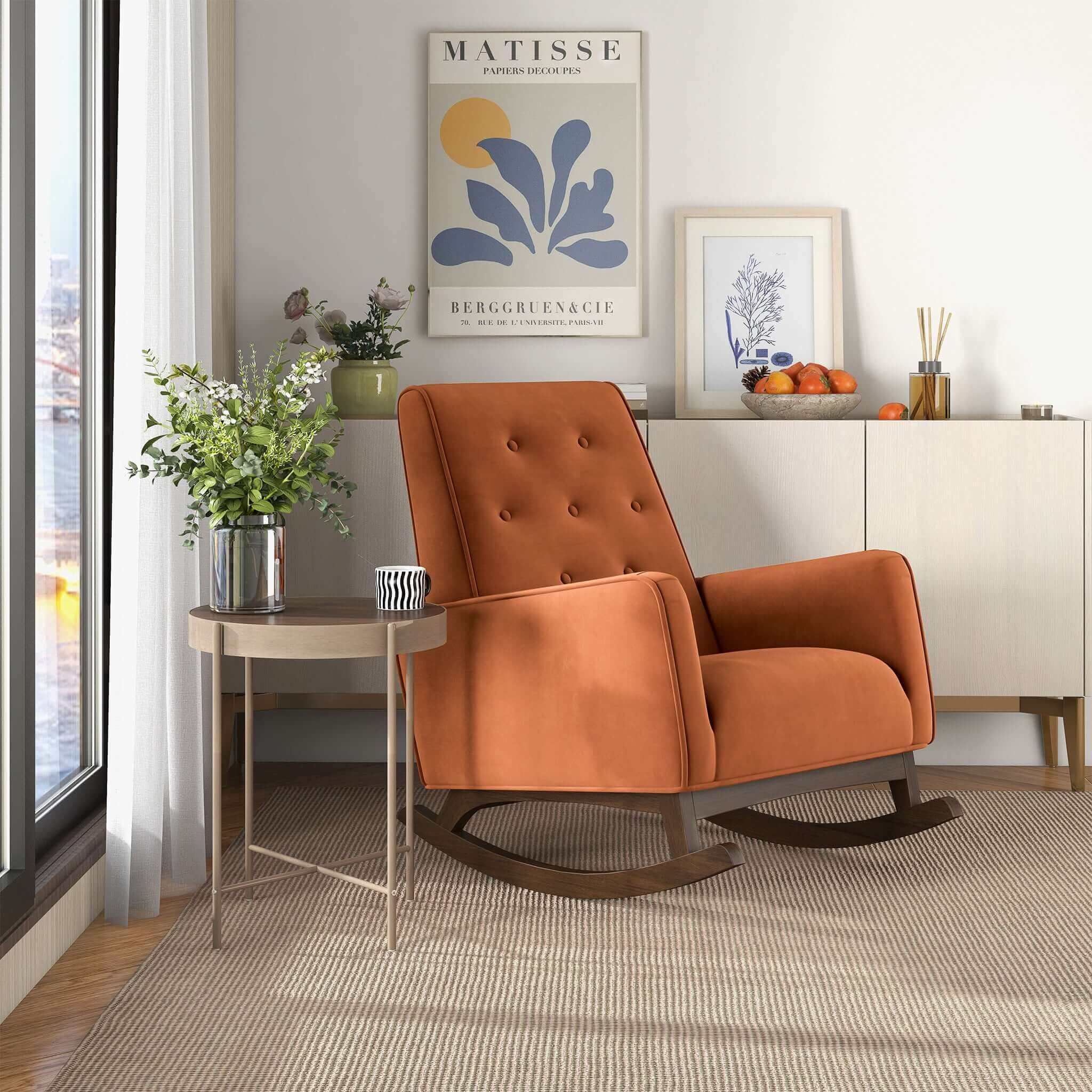 Demetrius Orange Velvet Solid Wood Rocking Chair - Image 2