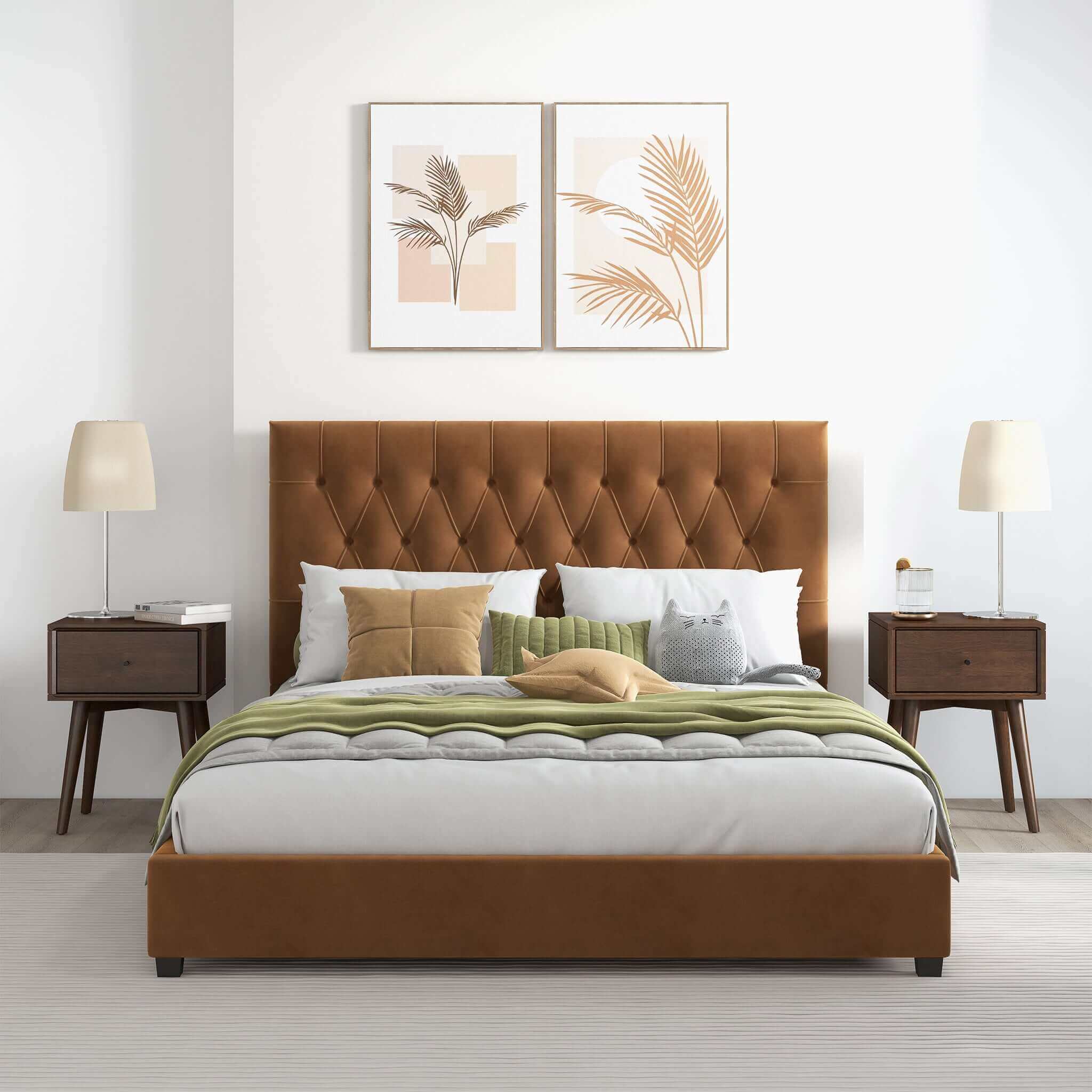 Donald Mid Century Modern Cognac Velvet Platform Bed King - Image 3