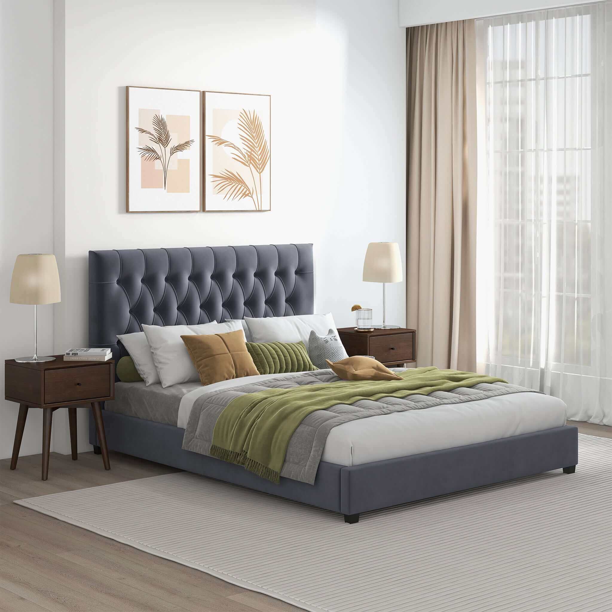 Donald Mid Century Modern Grey Velvet Platform Bed Queen - Image 4