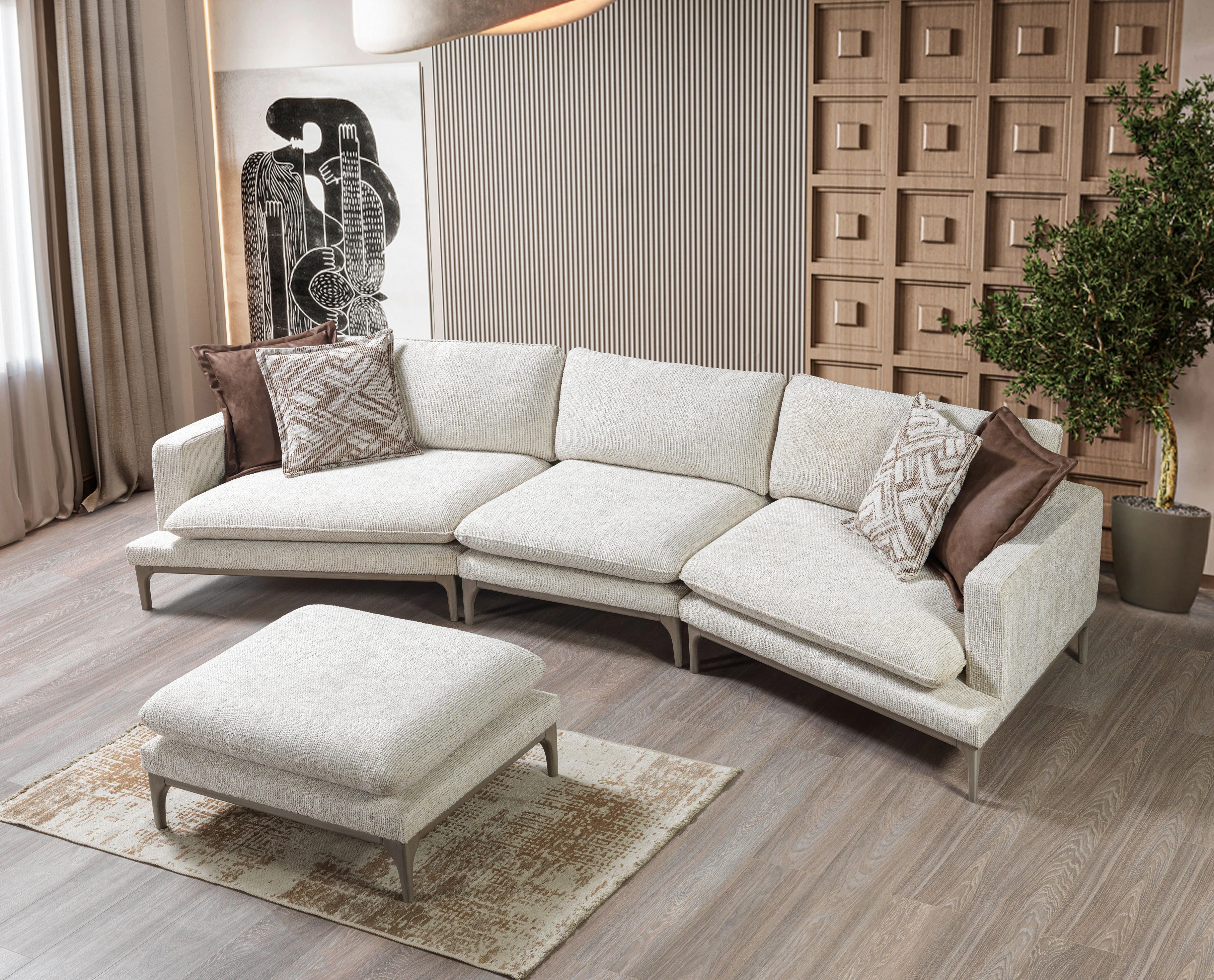 Dylan Ivory Linen 3-Piece Curved 126" Sectional with Ottoman - Image 5