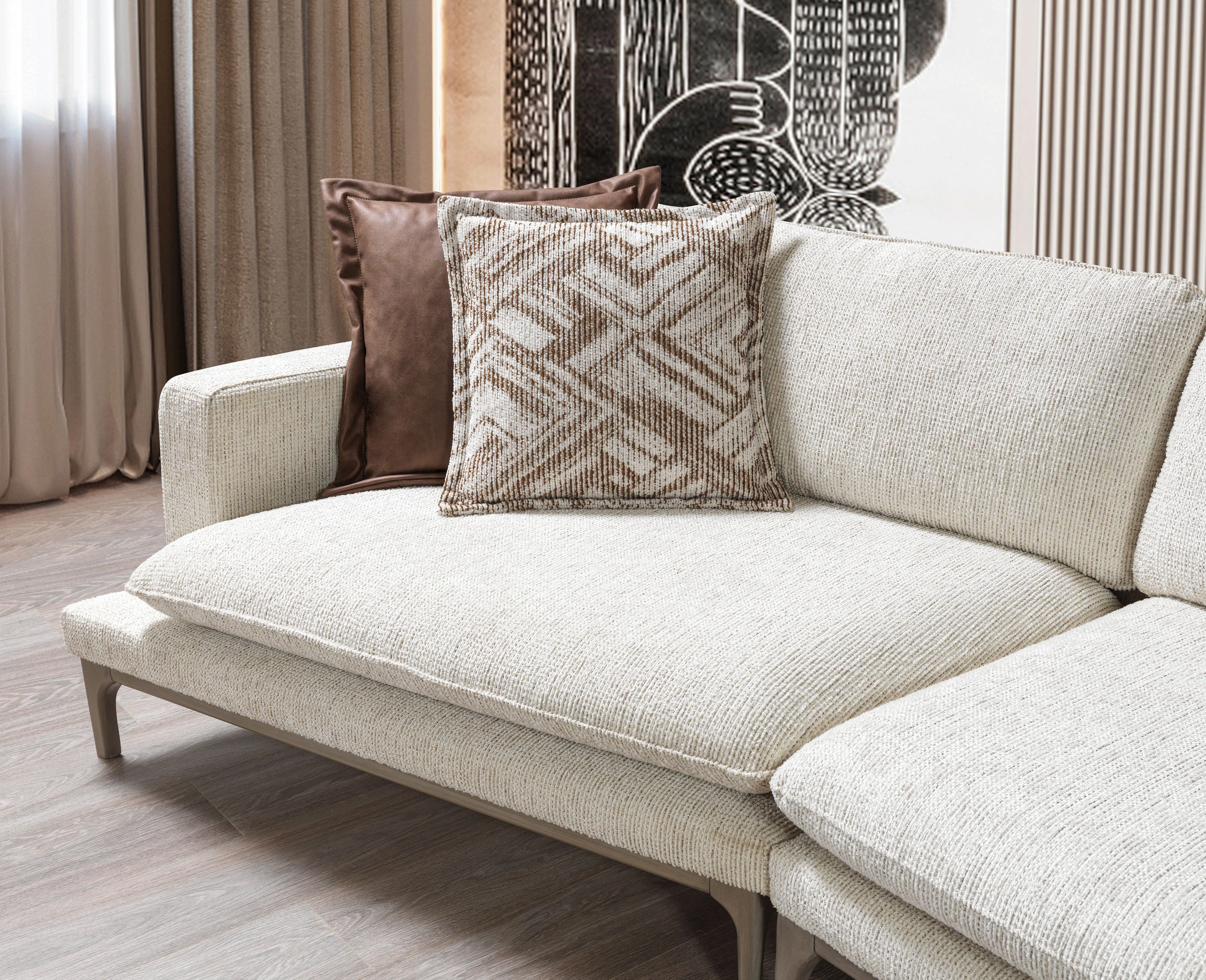 Dylan Ivory Linen 3-Piece Curved 126" Sectional with Ottoman - Image 7