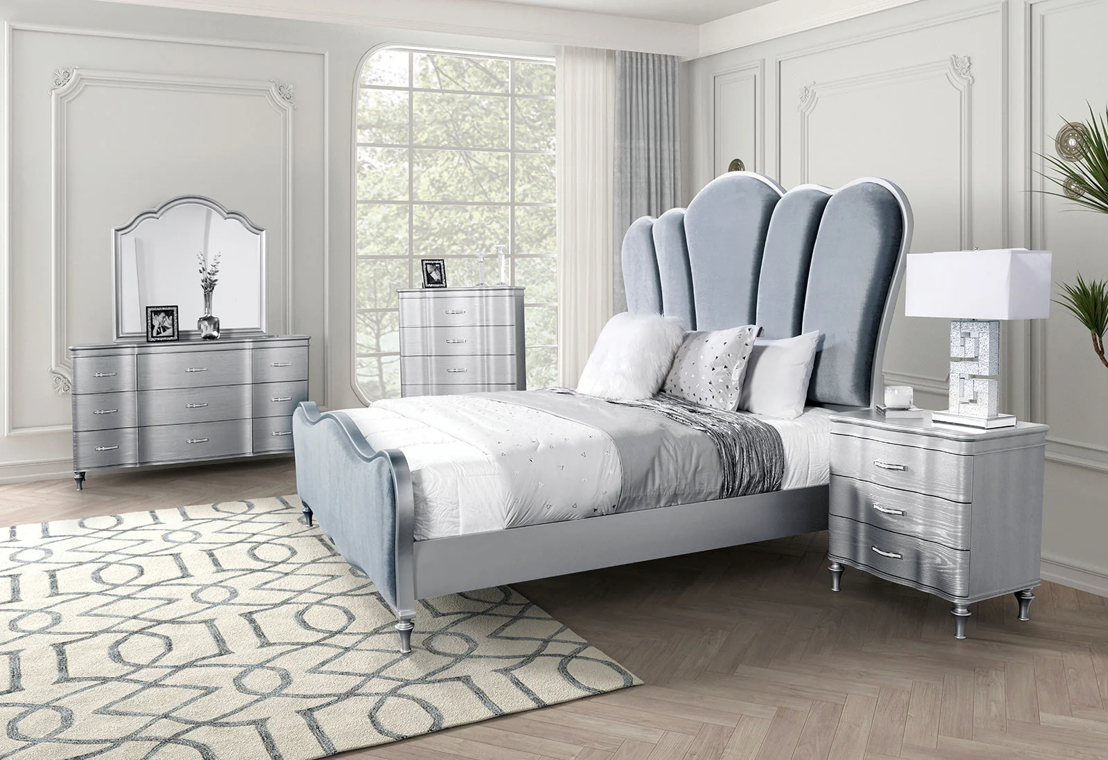 Eleanora Silver Queen 5 Piece Bedroom Set w/Chest - Image 7