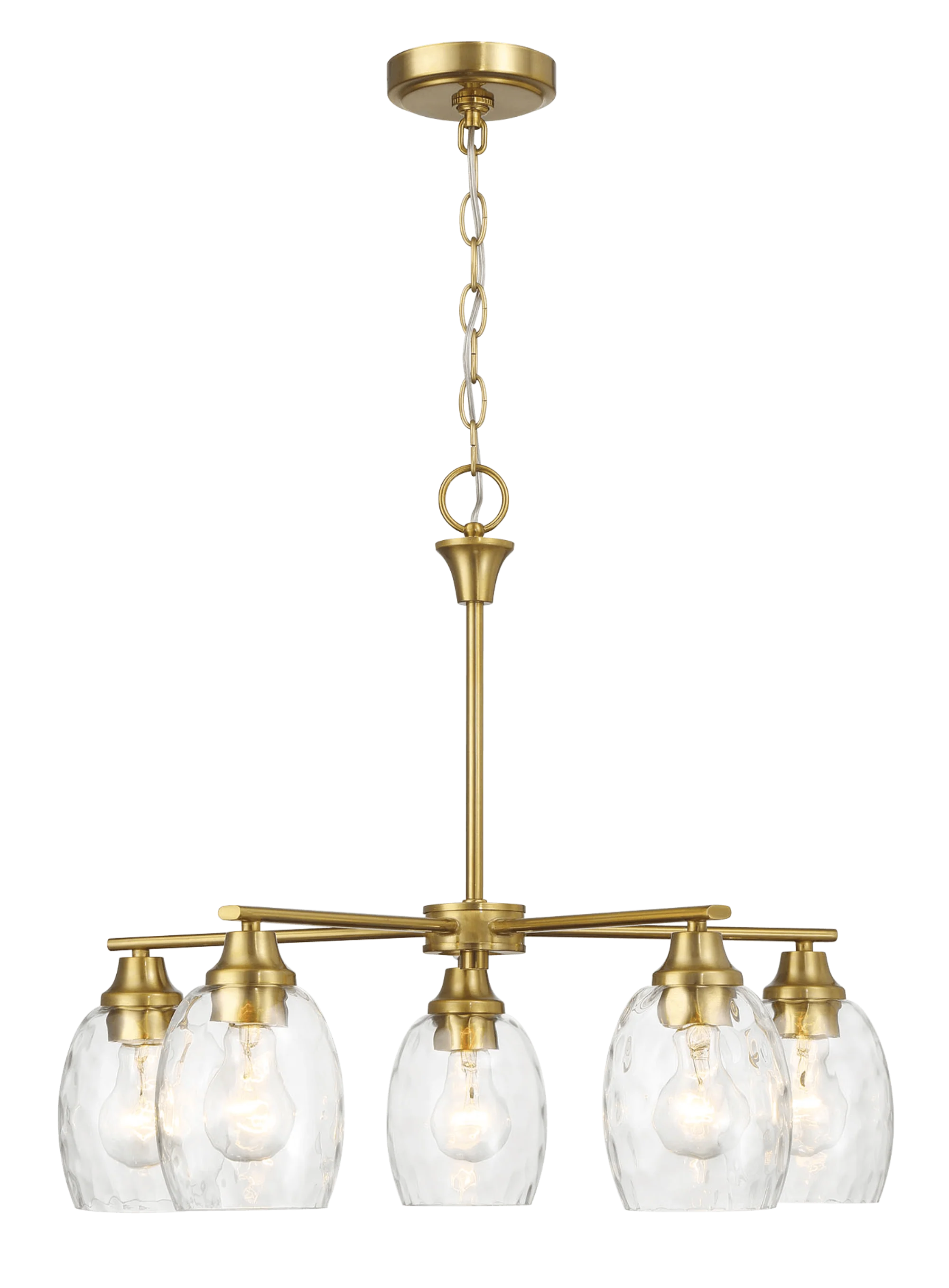 Elegance Five Lights Linear Arms with Golden Brass Finish Chain Chandelier 24"W × 8.5"H with Clear Water Glass - Image 3