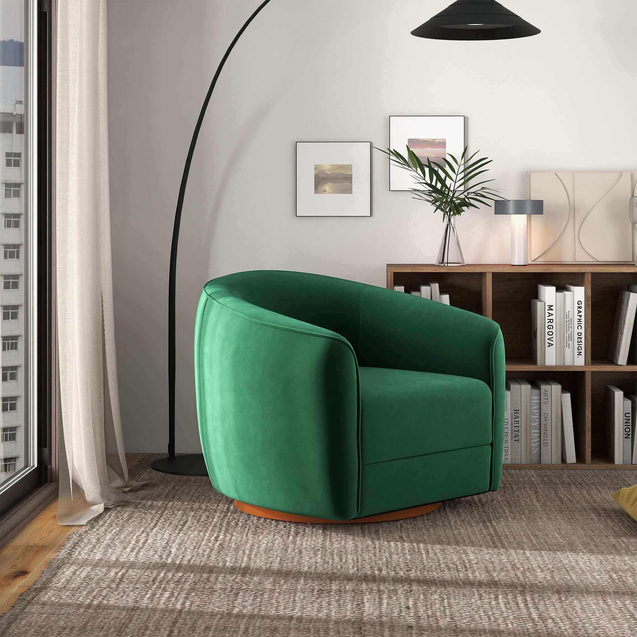 Elise Mid Century Modern Dark Green Velvet Swivel Chair - Image 4