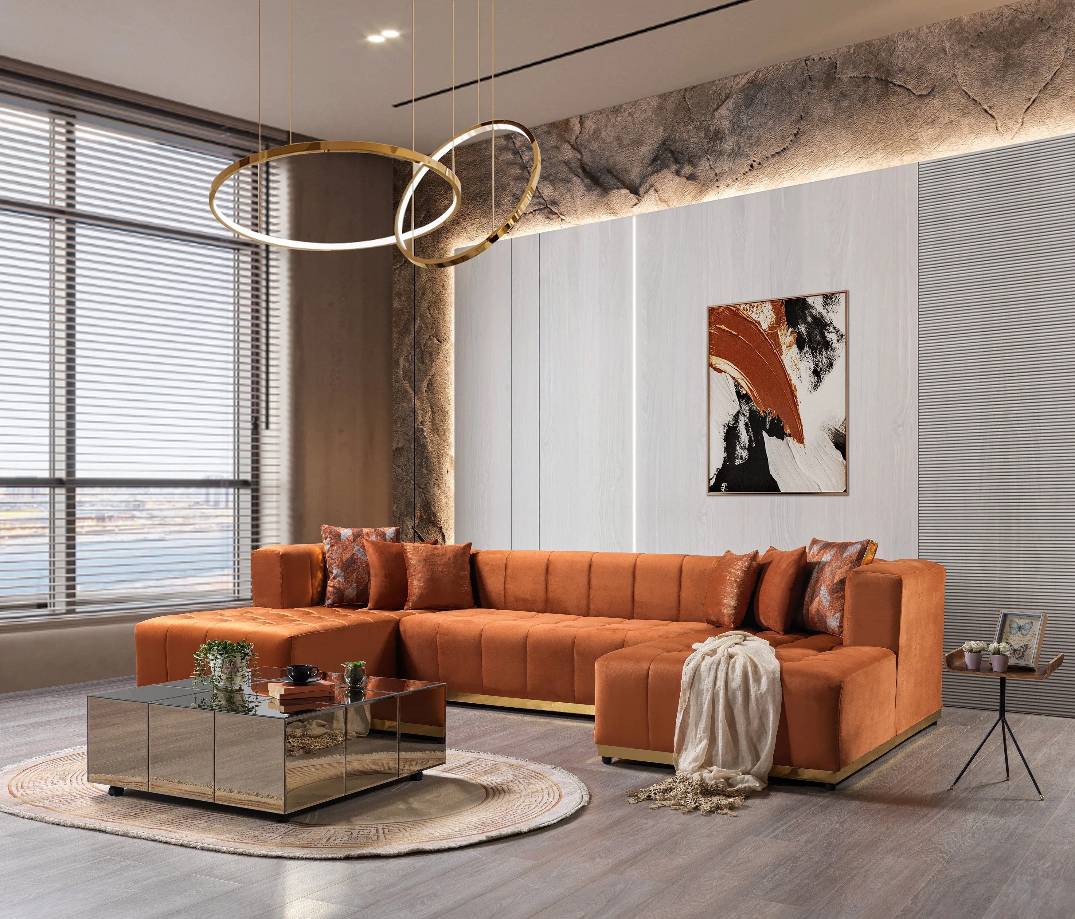 Elisha Orange Velvet Double Chaise 140" Sectional - Image 2