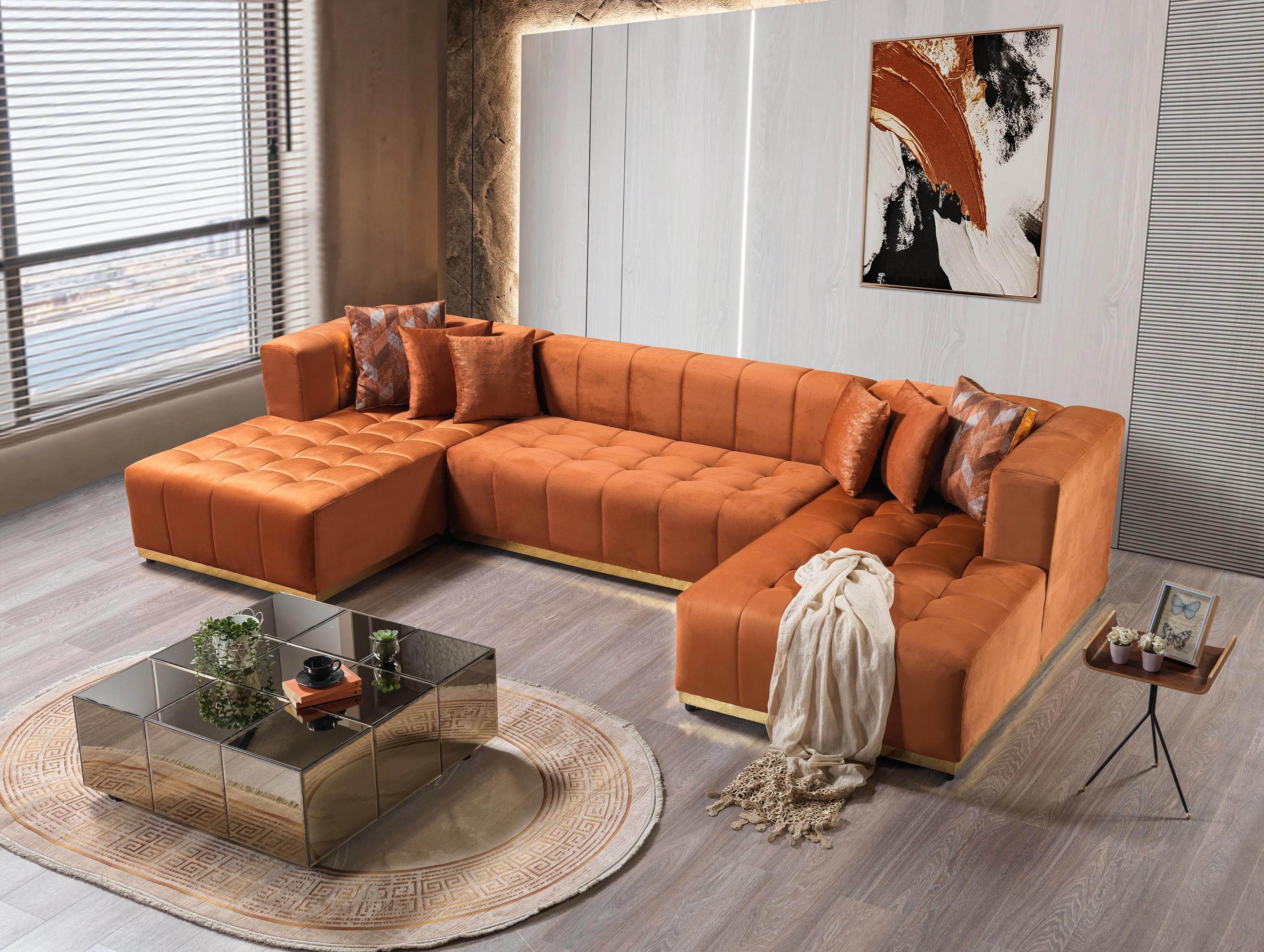 Elisha Orange Velvet Double Chaise 140" Sectional - Image 3