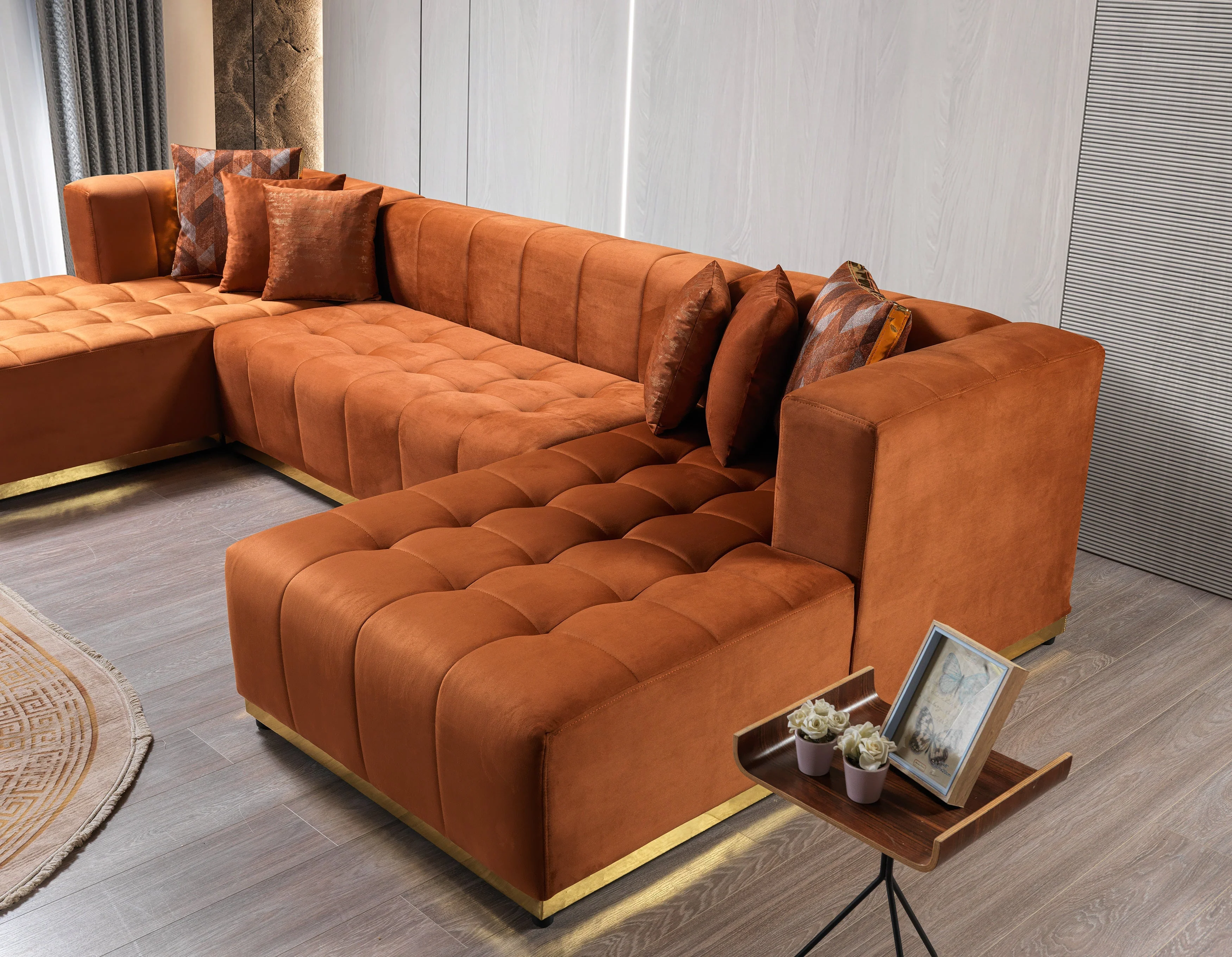 Elisha Orange Velvet Double Chaise 140" Sectional - Image 4