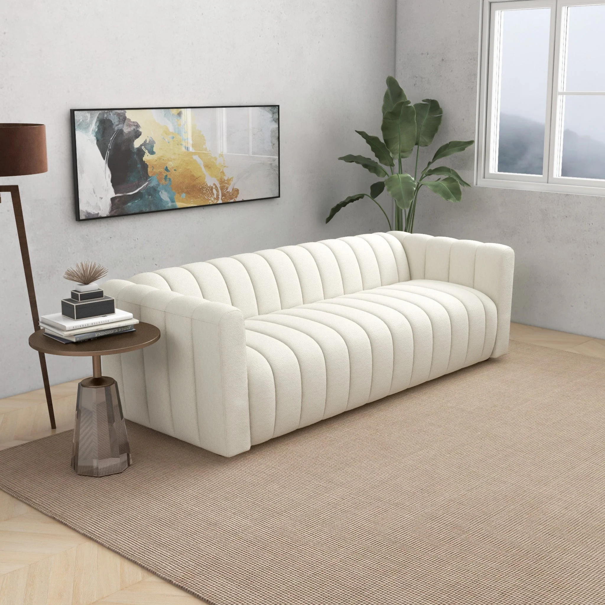 Elrosa Channel Tufted Beige Boucle Sofa - Image 3