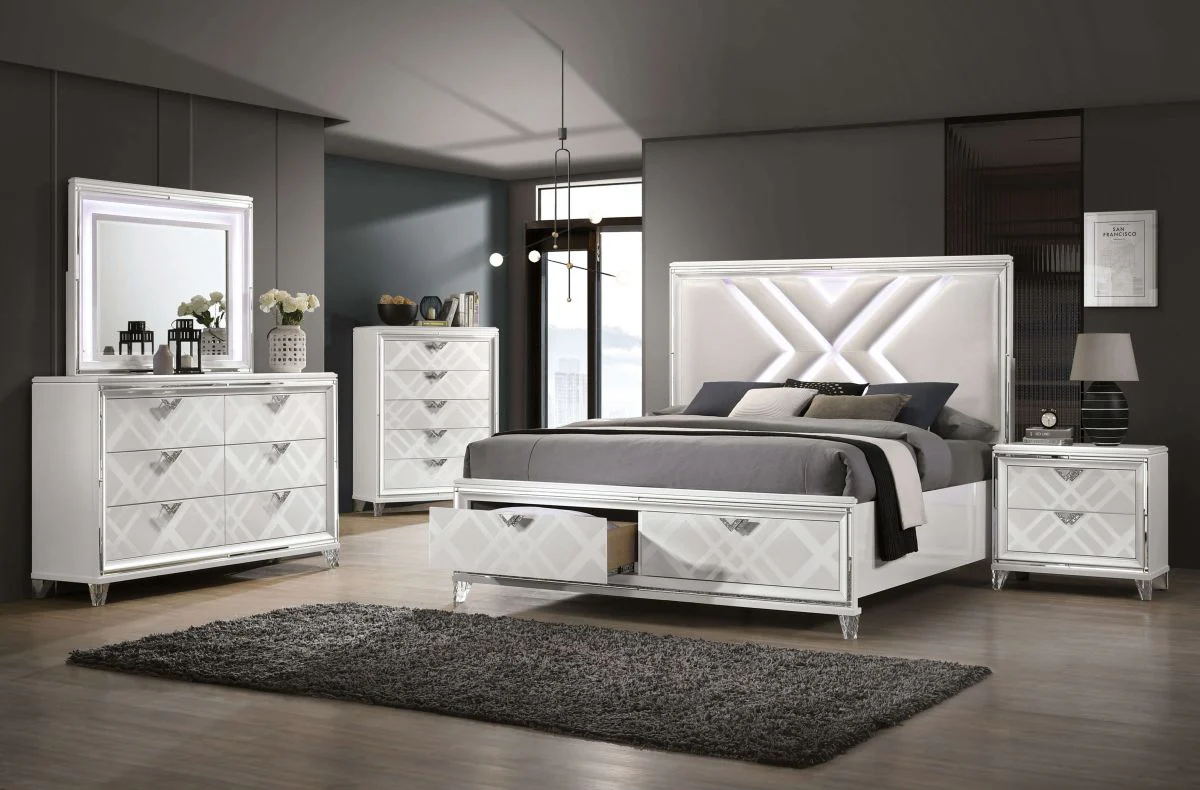 Emmeline White California King Bed w/ HB LED Lights & FB Drawers - Image 3