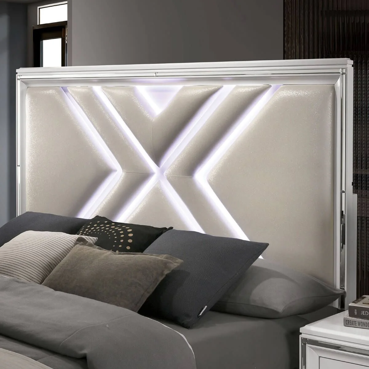Emmeline White California King Bed w/ HB LED Lights & FB Drawers - Image 4