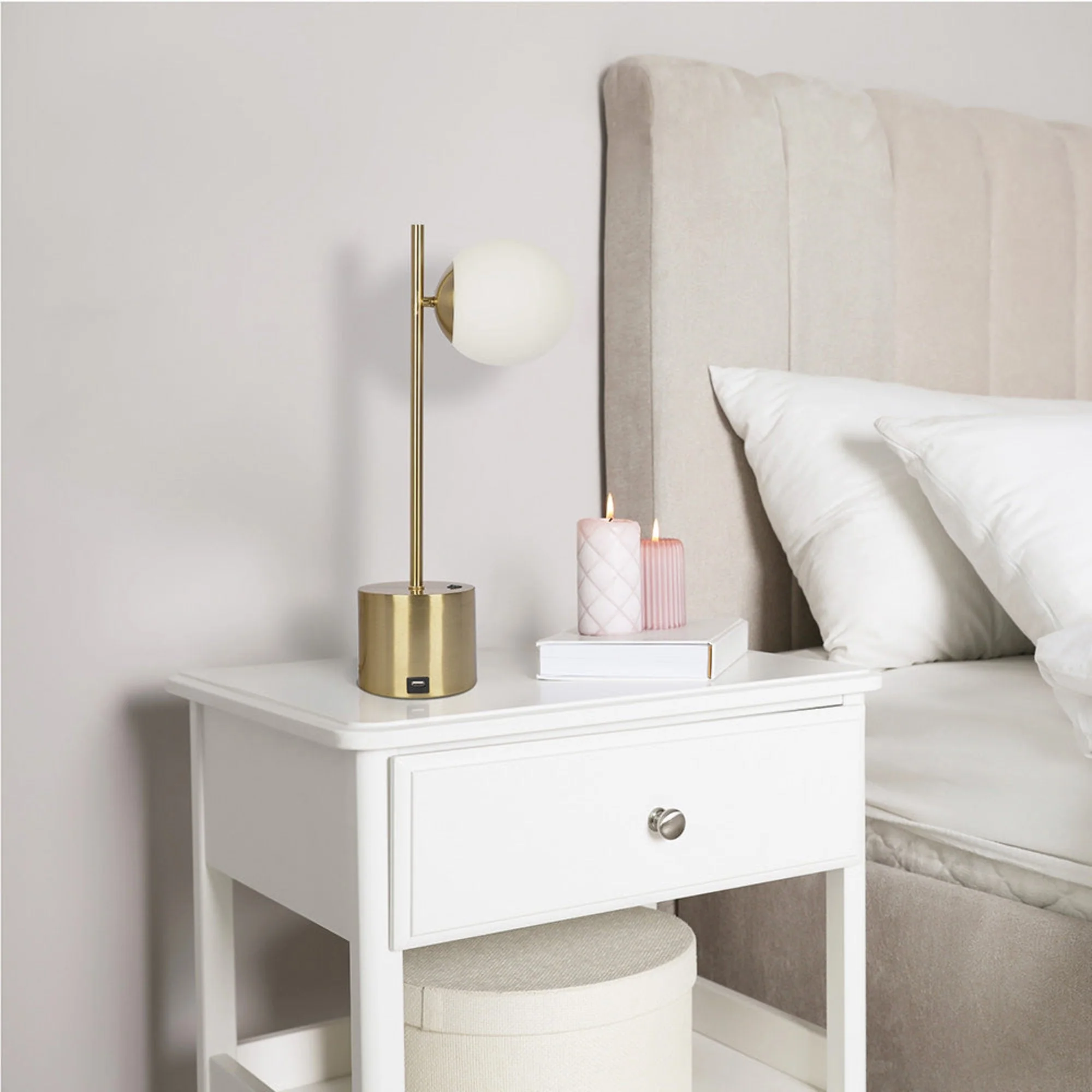 Ethereal Modern Small Brass Metal Table Lamp, Desk Lamp Fixture with White Glass Globe Shade - Image 2