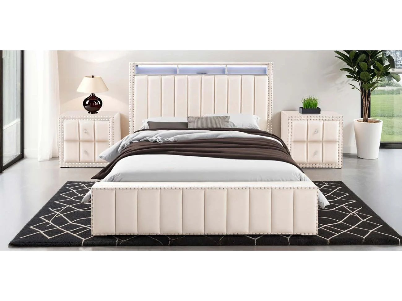 Farese Beige Queen Bed w/ 2 Nightstands
