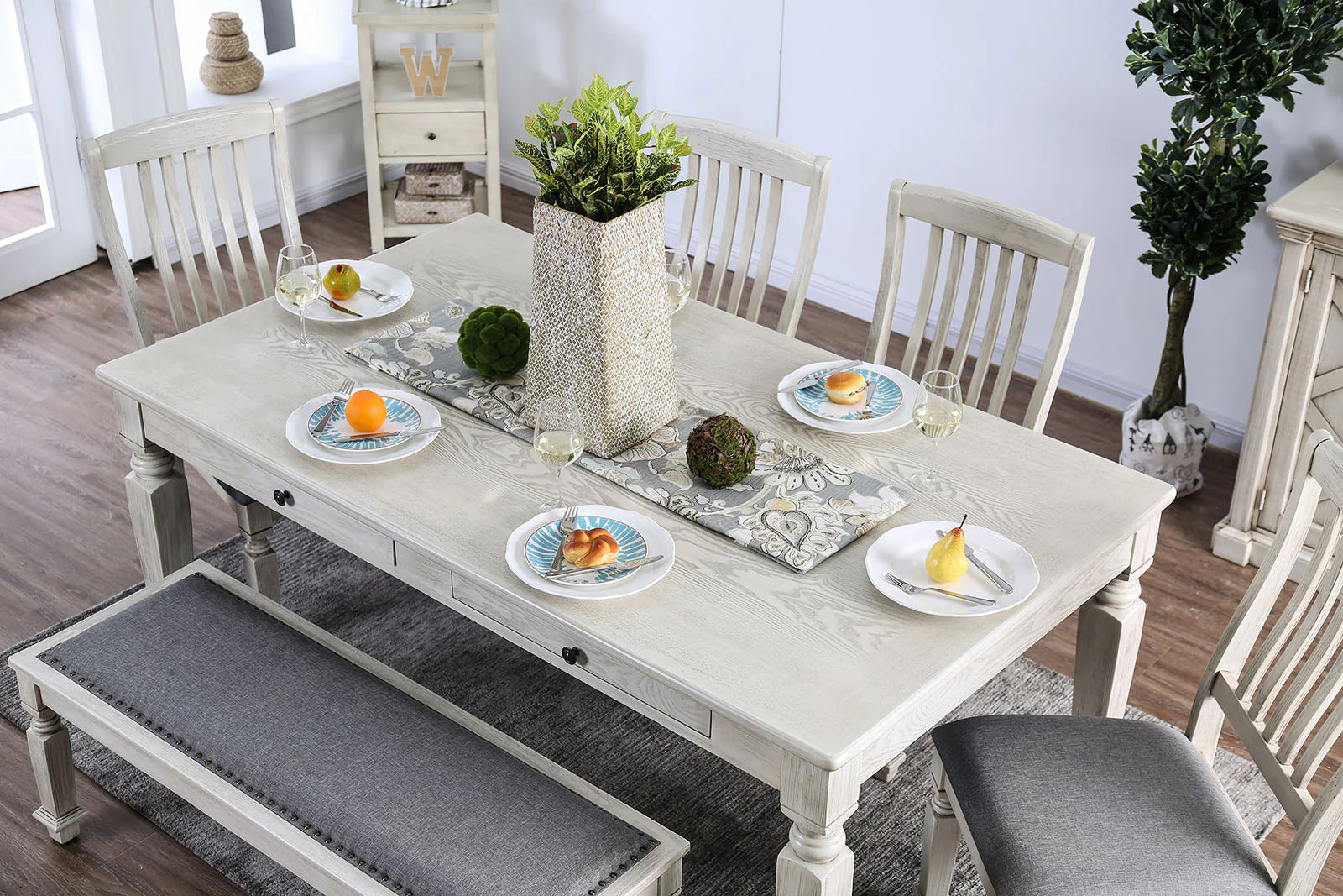 Georgia Antique White/Gray 6 Pc. Dining Room Set w/ Bench - Image 2