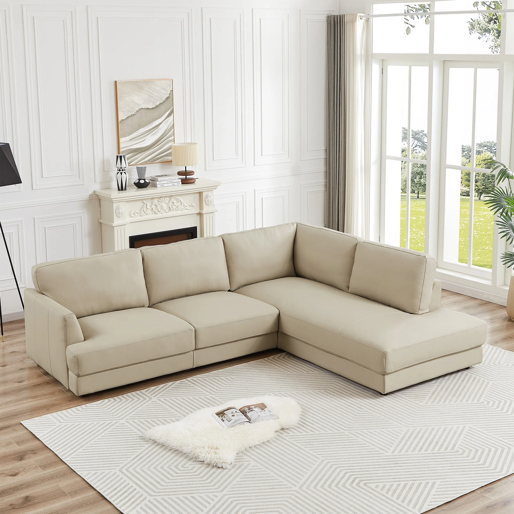 Glander Cream Leather Sectional Sofa Right Facing - Image 3