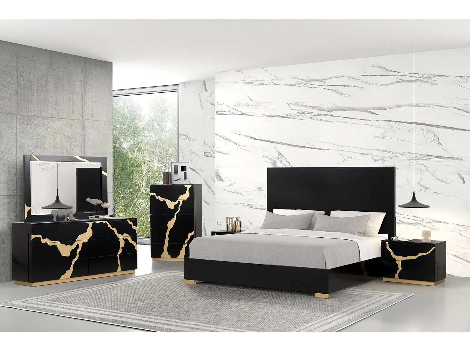 Goldsberg Black/Gold Queen 5 Piece Bedroom Set w/2 Nightstands