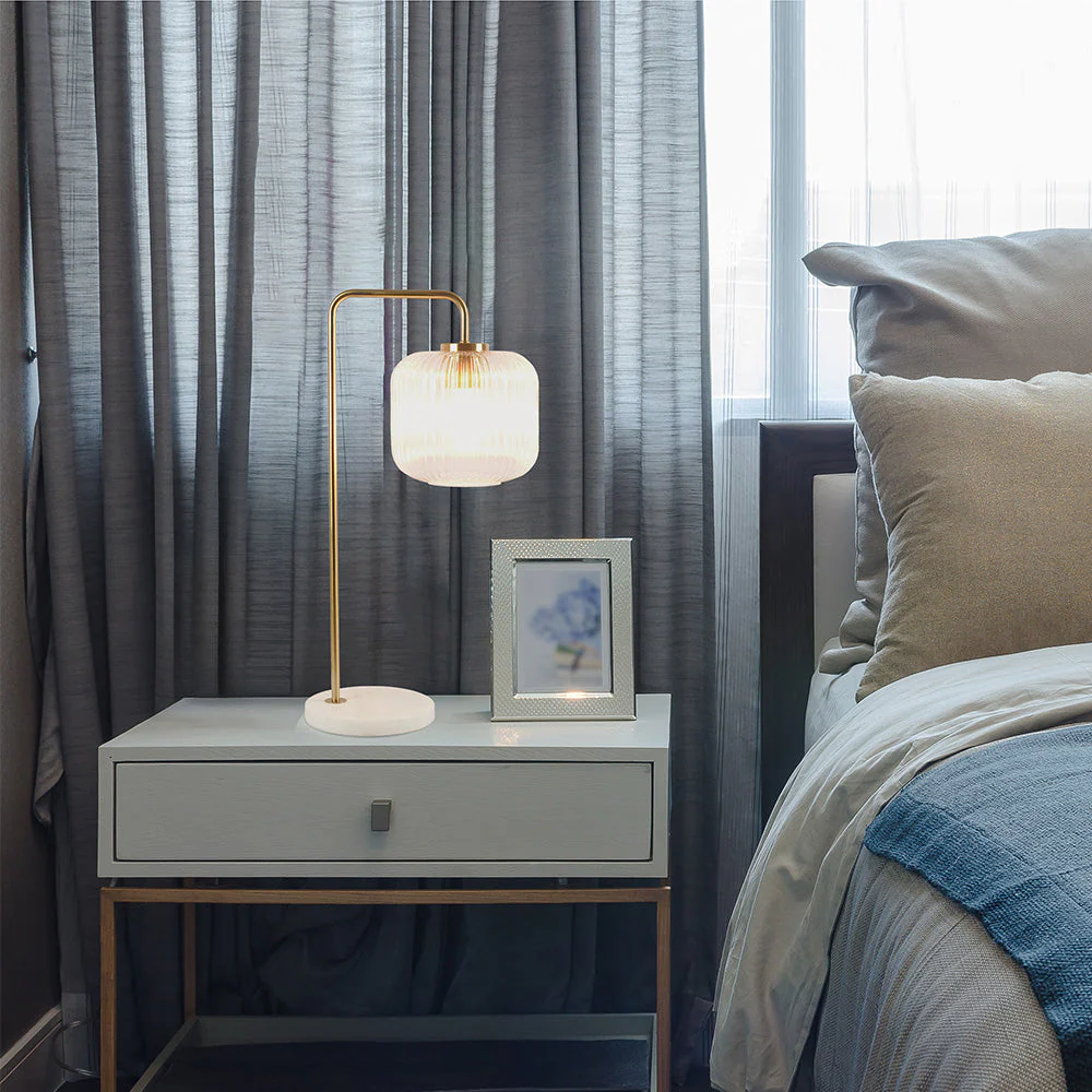 Haven Clear Glass Table Lamp, Gold Brush Metal and Marble Base, Button Control - Image 2