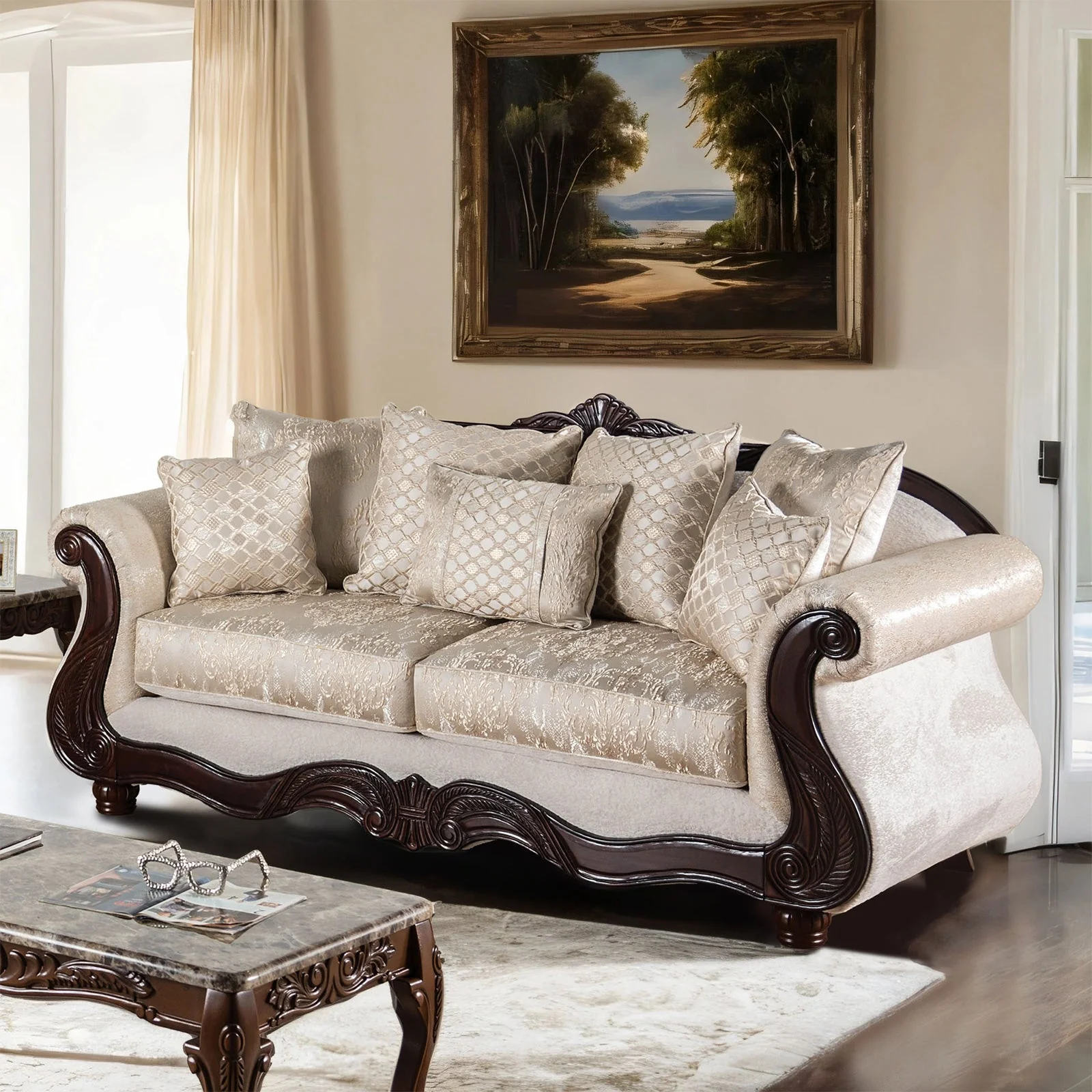 Huelva Beige/Dark Cherry Upholstery Living Room Set - Image 3
