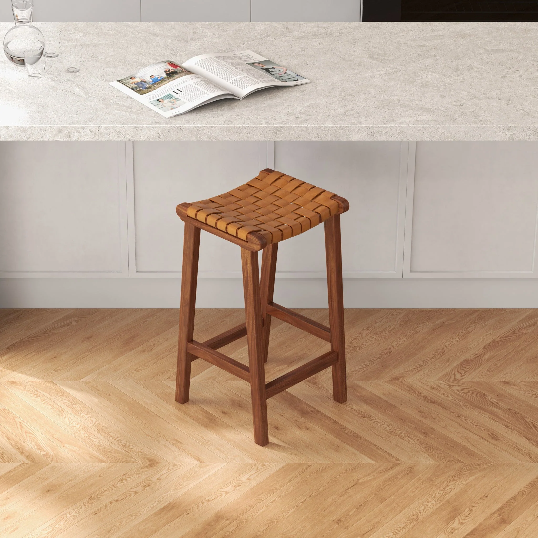 James Mid-Century Modern Genuine Tan Leather 29" Bar Stool - Image 3