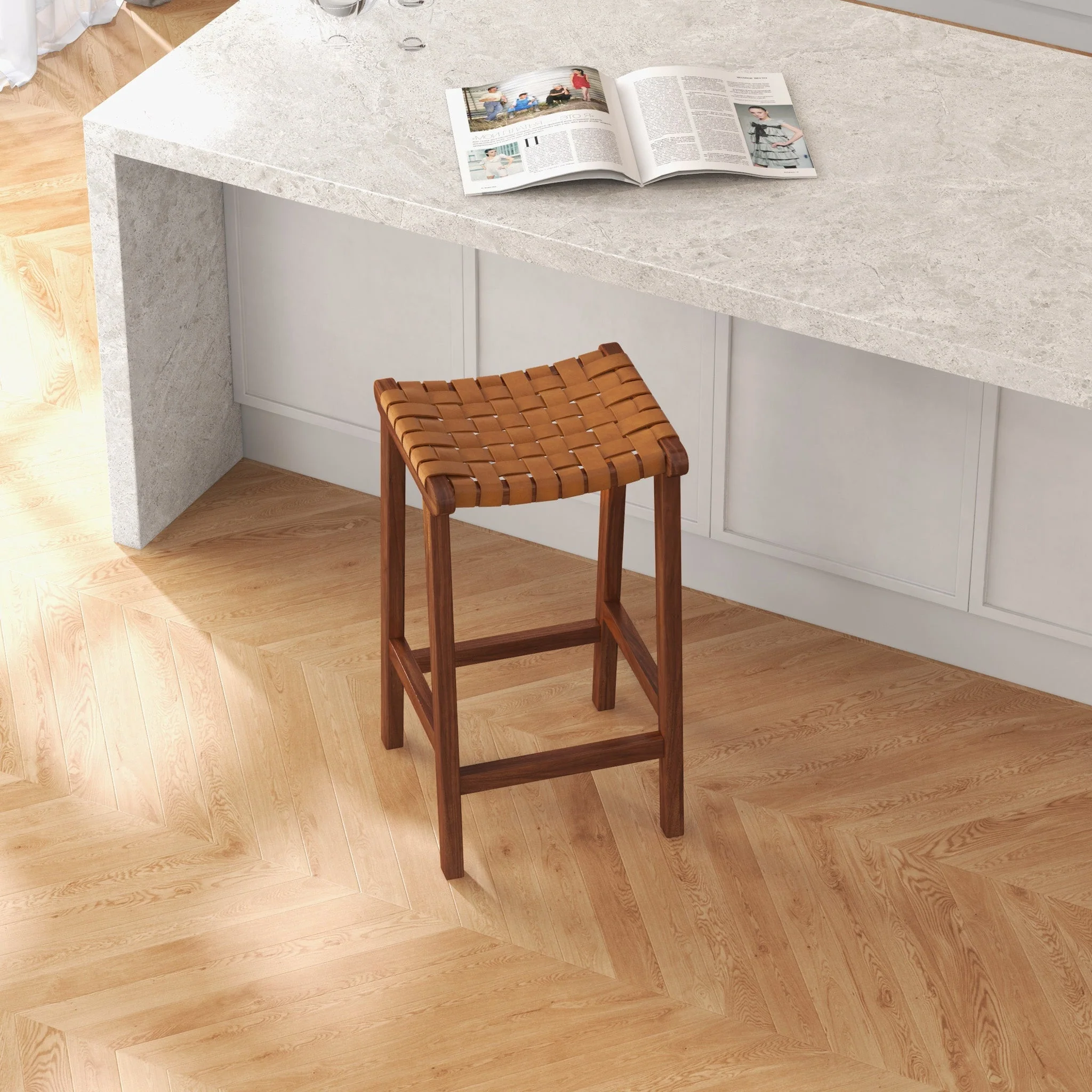 James Mid-Century Modern Genuine Tan Leather 29" Bar Stool - Image 4