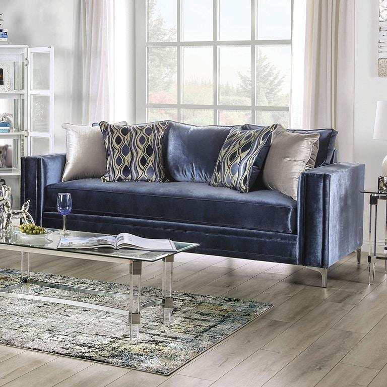 Jodie Satin Blue & Silver Stationary Sofa & Loveseat 2pc - Image 2